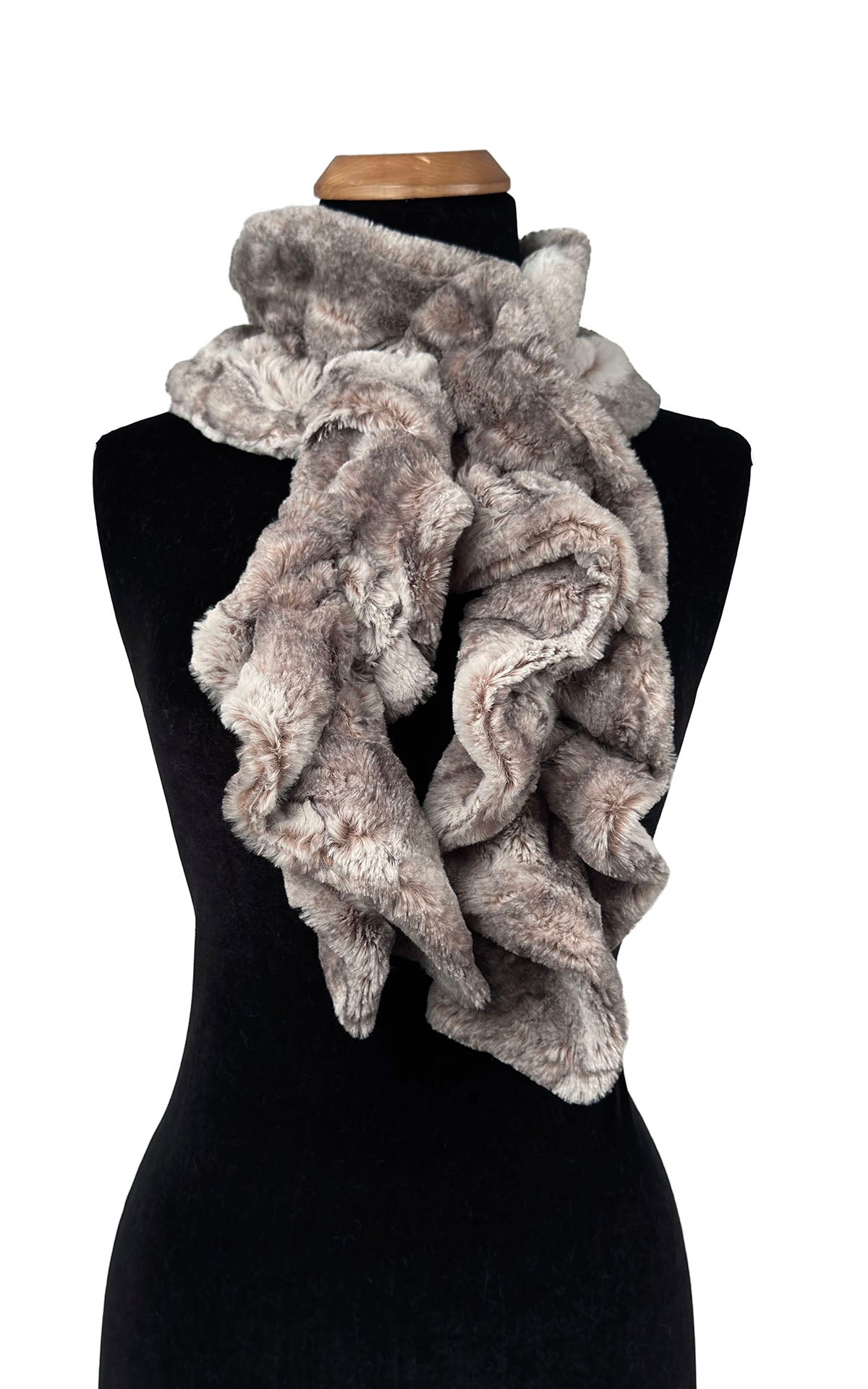 Scrunchy Scarf in Classic Luxury Rusty Rock Faux Fur, shown wrapped around neckline. Made in Seattle, WA, USA by Pandemonium Seattle.