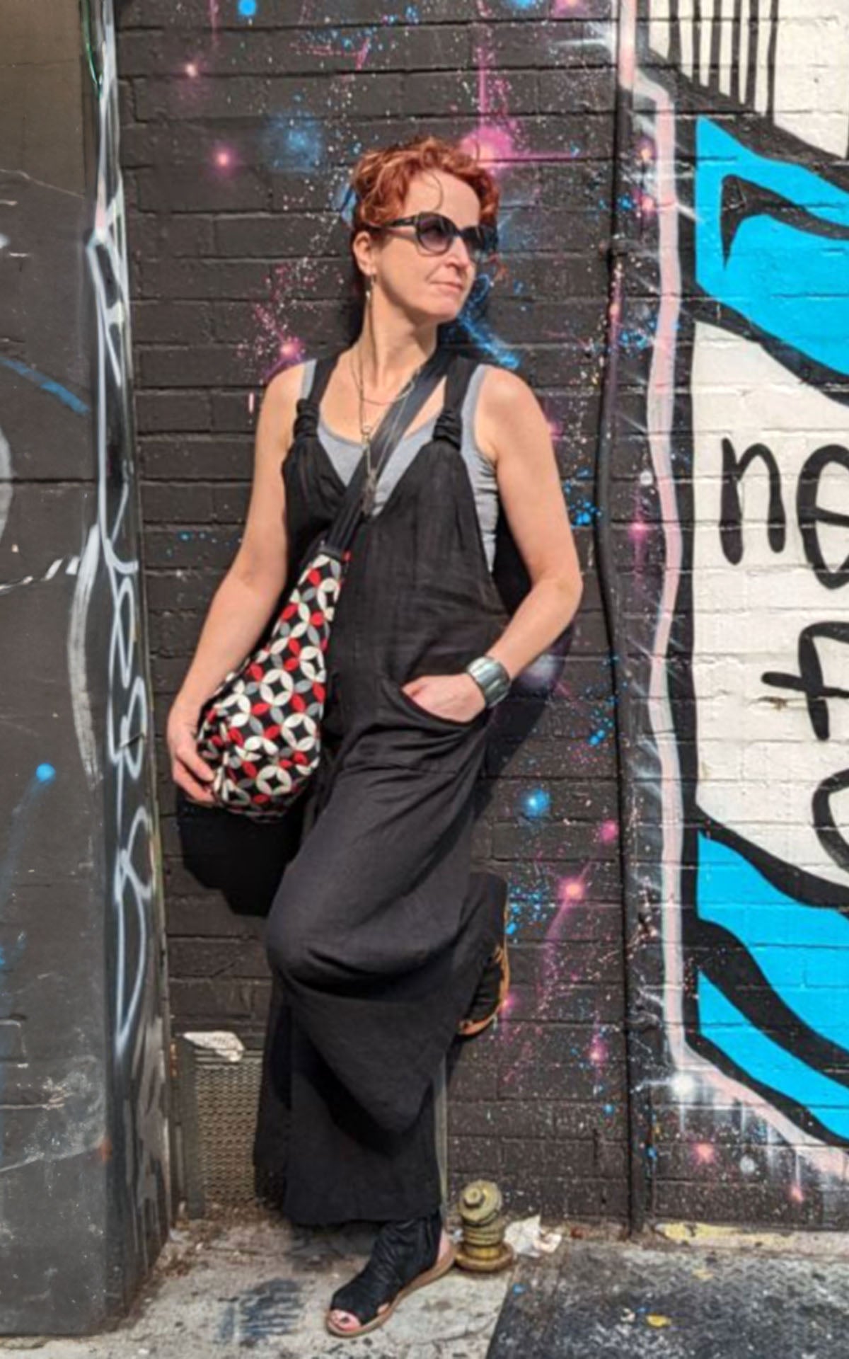 Woman holding Oversized Seoul Bag | Sacred Shantung Cotton in Black White and Red | Handmade in Seattle WA by Pandemonium Millinery USA