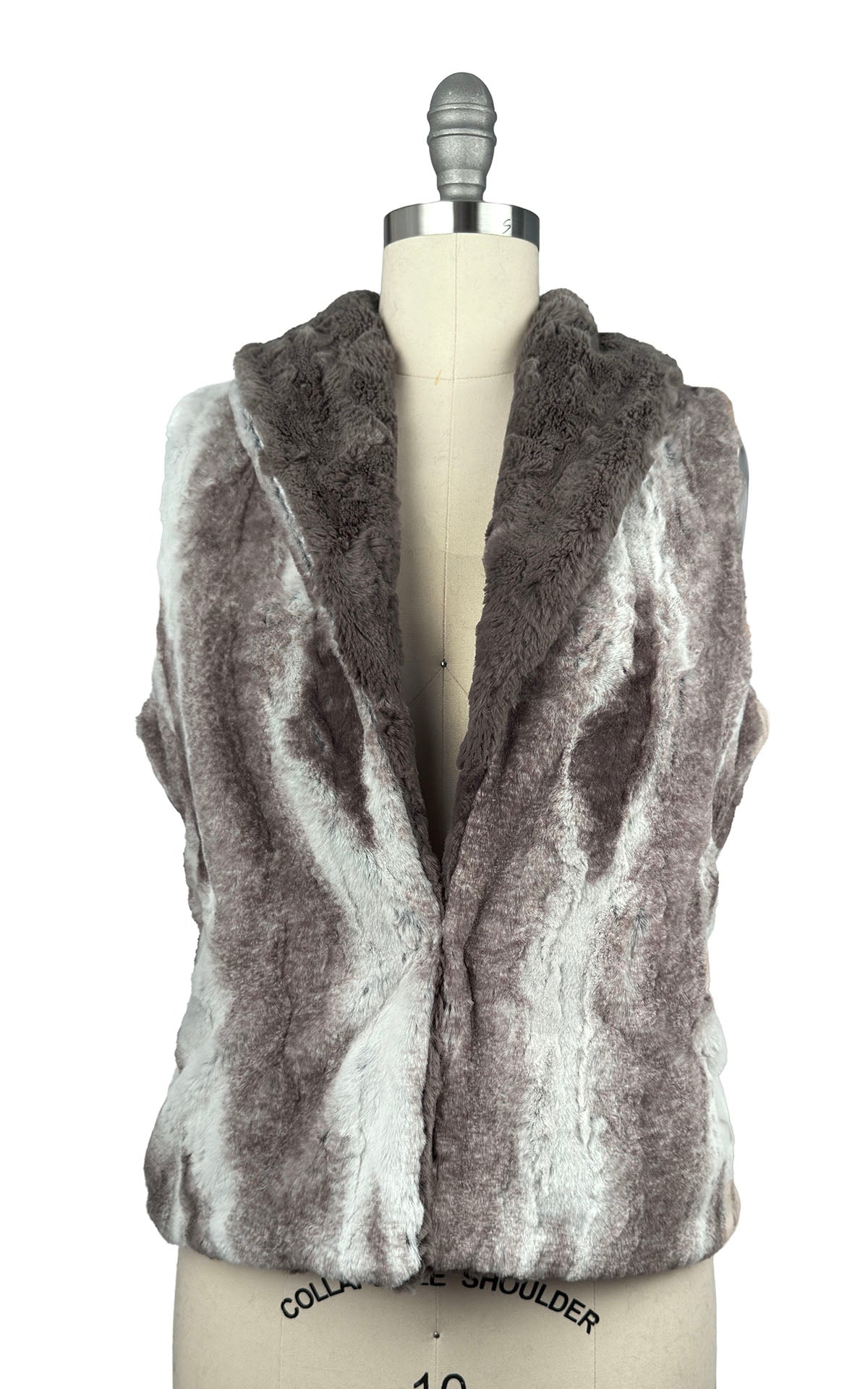 Shawl Collar Vest in Classic Luxury Driftwood Faux Fur with Cuddly Taupey lining. Vest is reversible. Shown in side profile. Made in Seattle, WA, USA by Pandemonium Seattle.
