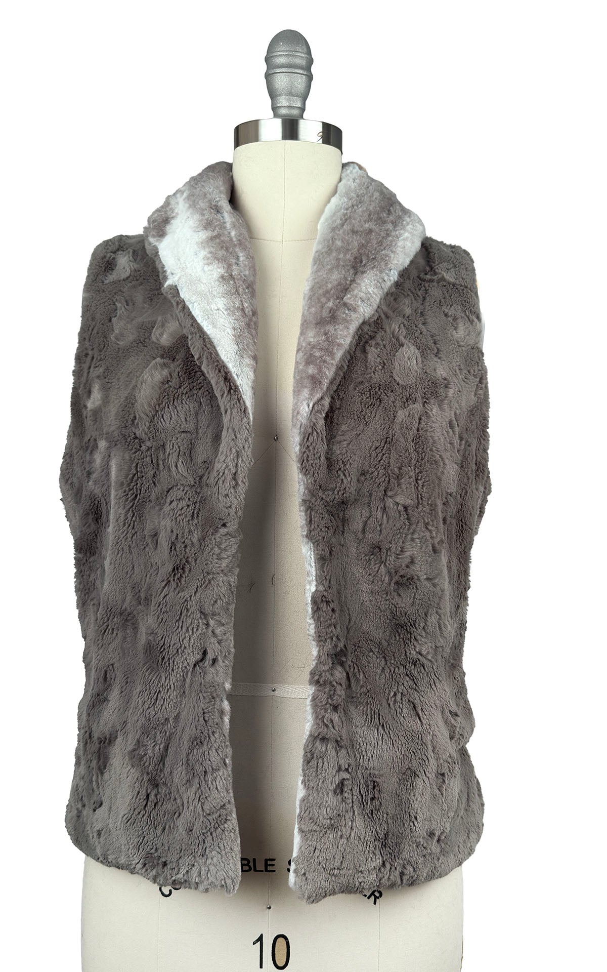 Shawl Collar Vest in Classic Luxury Driftwood Faux Fur with Cuddly Taupey lining. Shown reversed to display Cuddly Taupey with Driftwood as collar. Made in Seattle, WA, USA by Pandemonium Seattle.