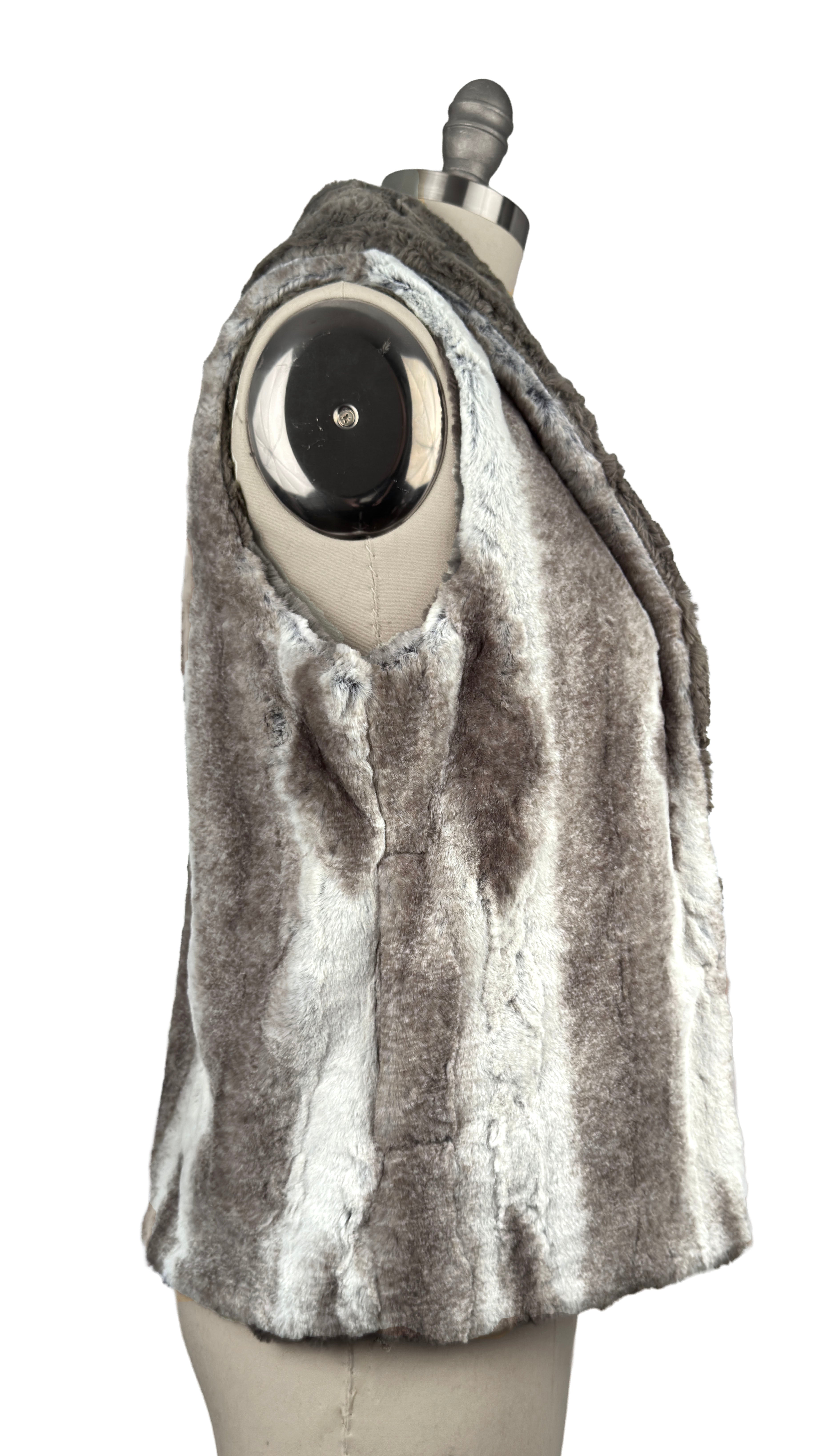 Shawl Collar Vest in Classic Luxury Driftwood Faux Fur with Cuddly Taupey lining. Vest is reversible. Shown in side profile. Made in Seattle, WA, USA by Pandemonium Seattle.