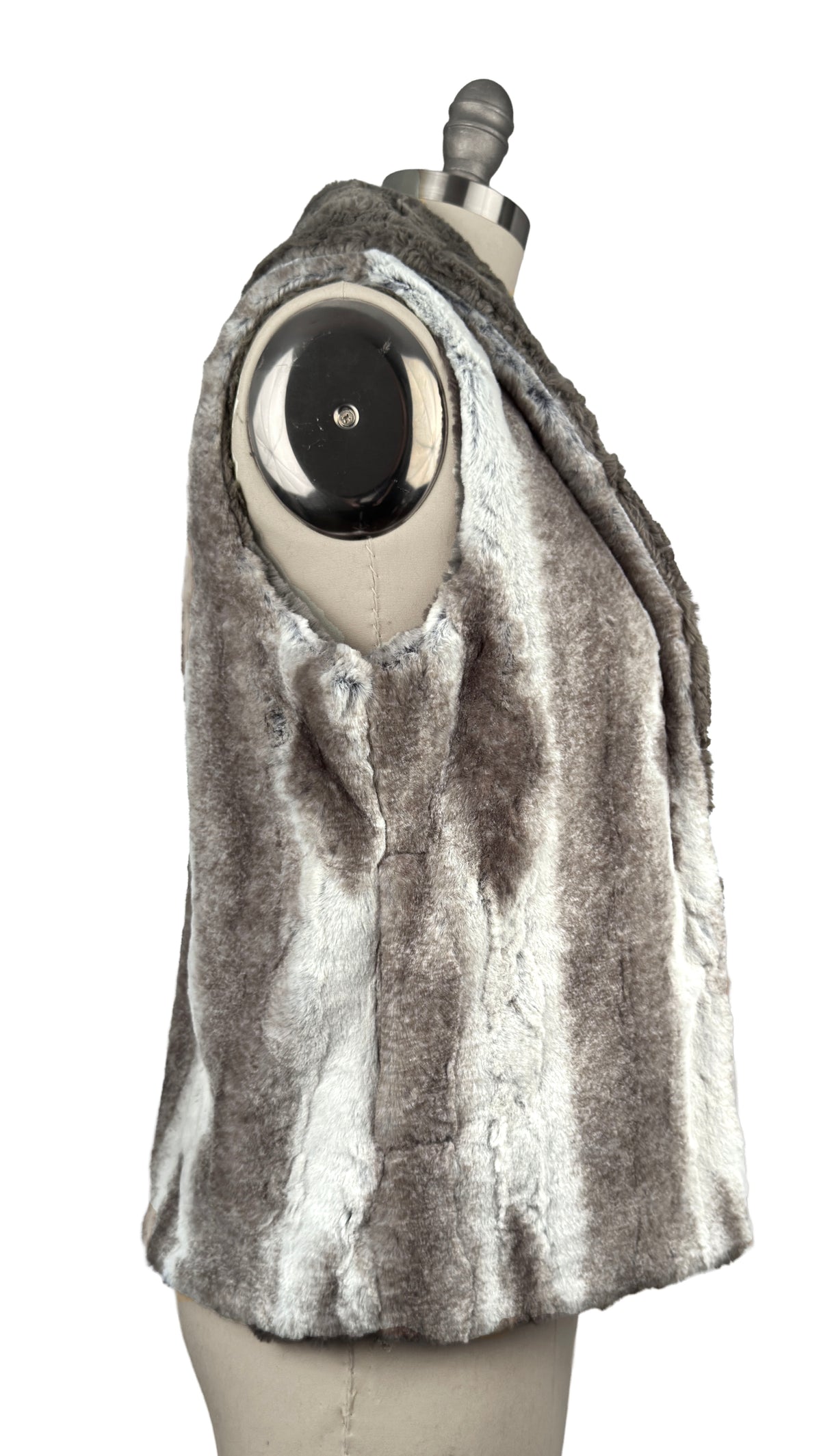 Shawl Collar Vest in Classic Luxury Driftwood Faux Fur with Cuddly Taupey lining. Vest is reversible. Shown in side profile. Made in Seattle, WA, USA by Pandemonium Seattle.