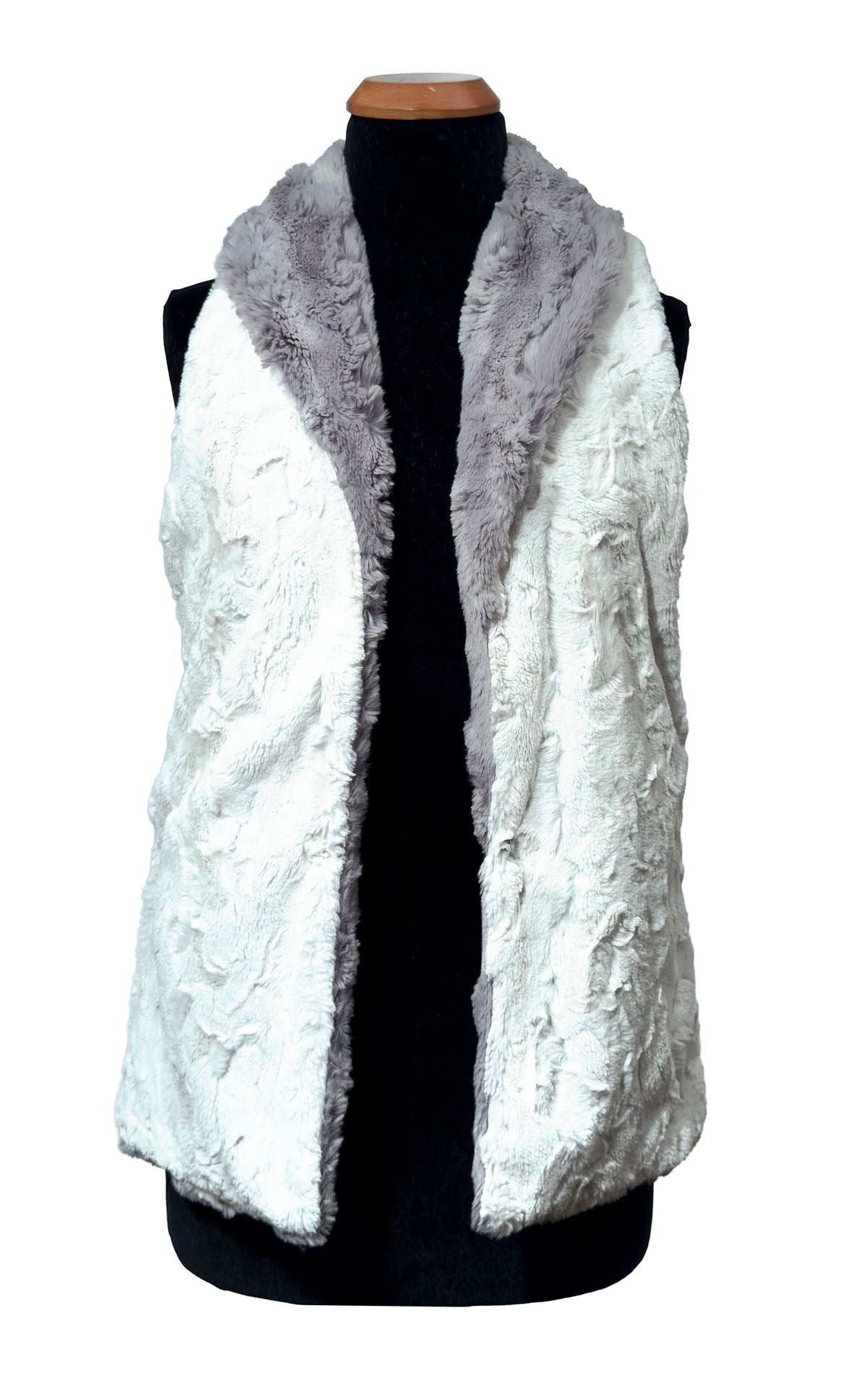 Shawl Collar Vest shown Winter River Faux Fur with Cuddly Ivory Faux Fur  in the reversed.  Handsewn by  Pandemonium Millinery |in Seattle WA, USA