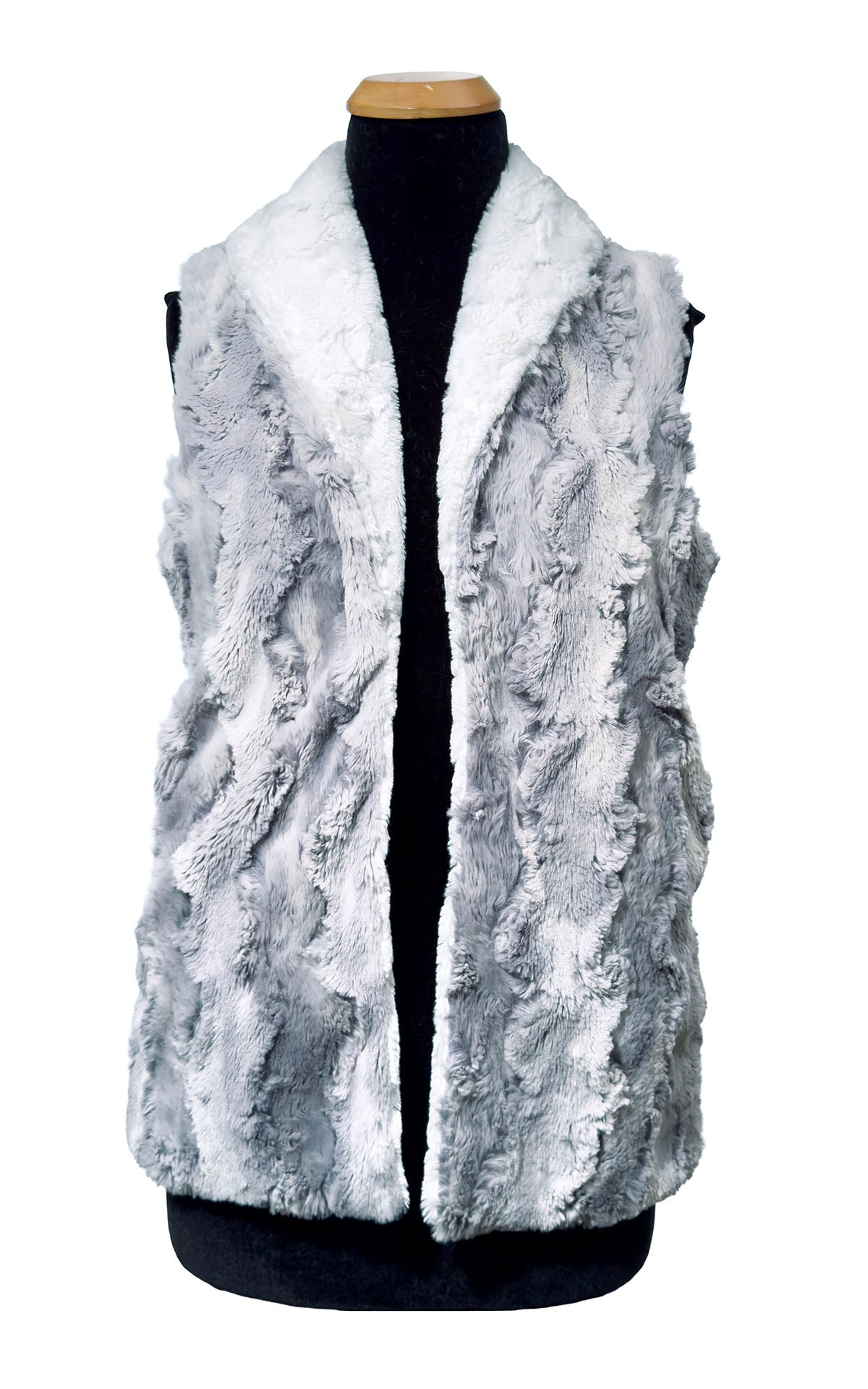Shawl Collar Vest | Winter River Faux Fur with Cuddly Ivory Faux Fur | Pandemonium Millinery | Seattle WA