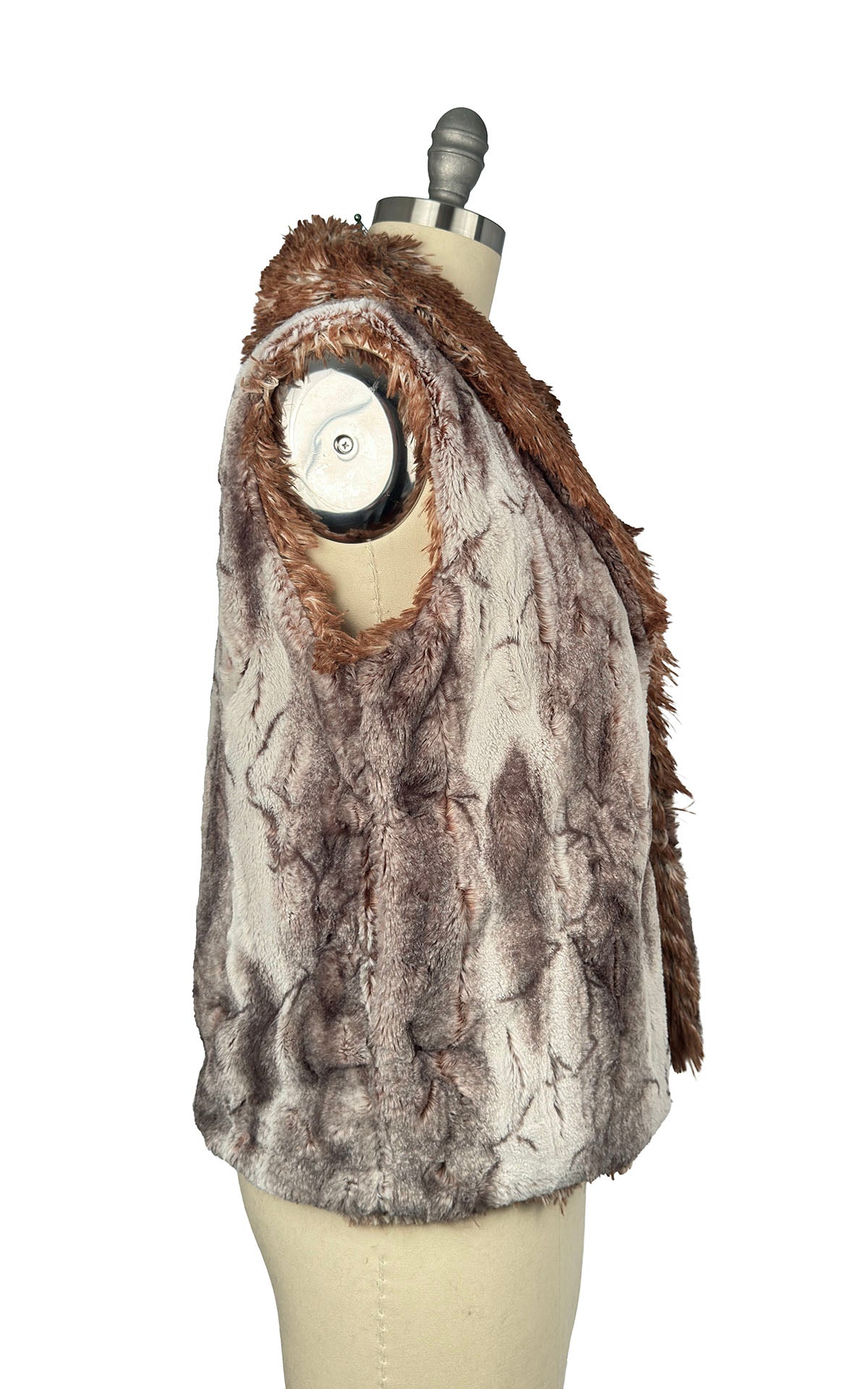 Shawl Collar Vest in Luxury Rusty Rock with Red Fox on reverse side. Shown in side profile. Made in Seattle, WA, USA by Pandemonium Seattle.