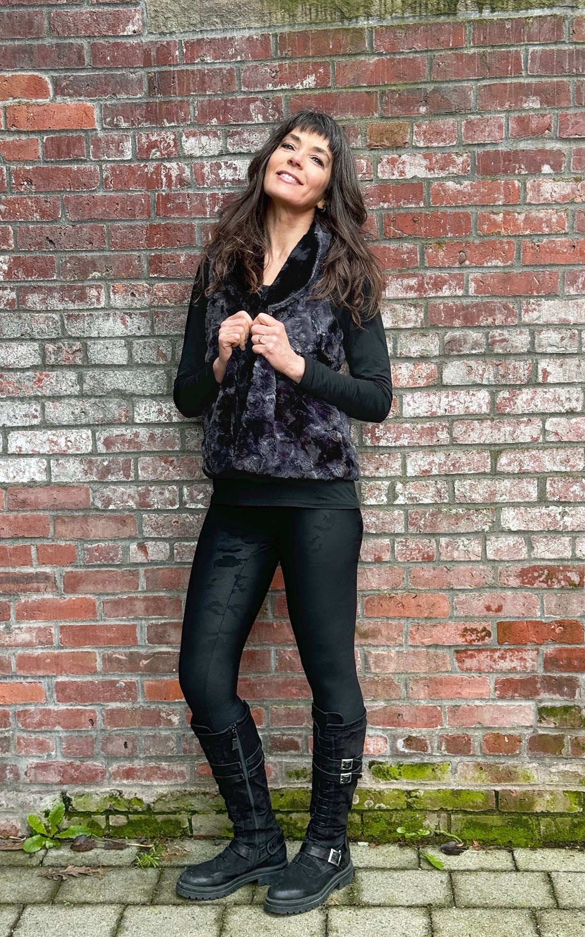 Model wearing Vest in Highland Skye lined Black Faux Fur Handmade By Pandemonium Seattle USA