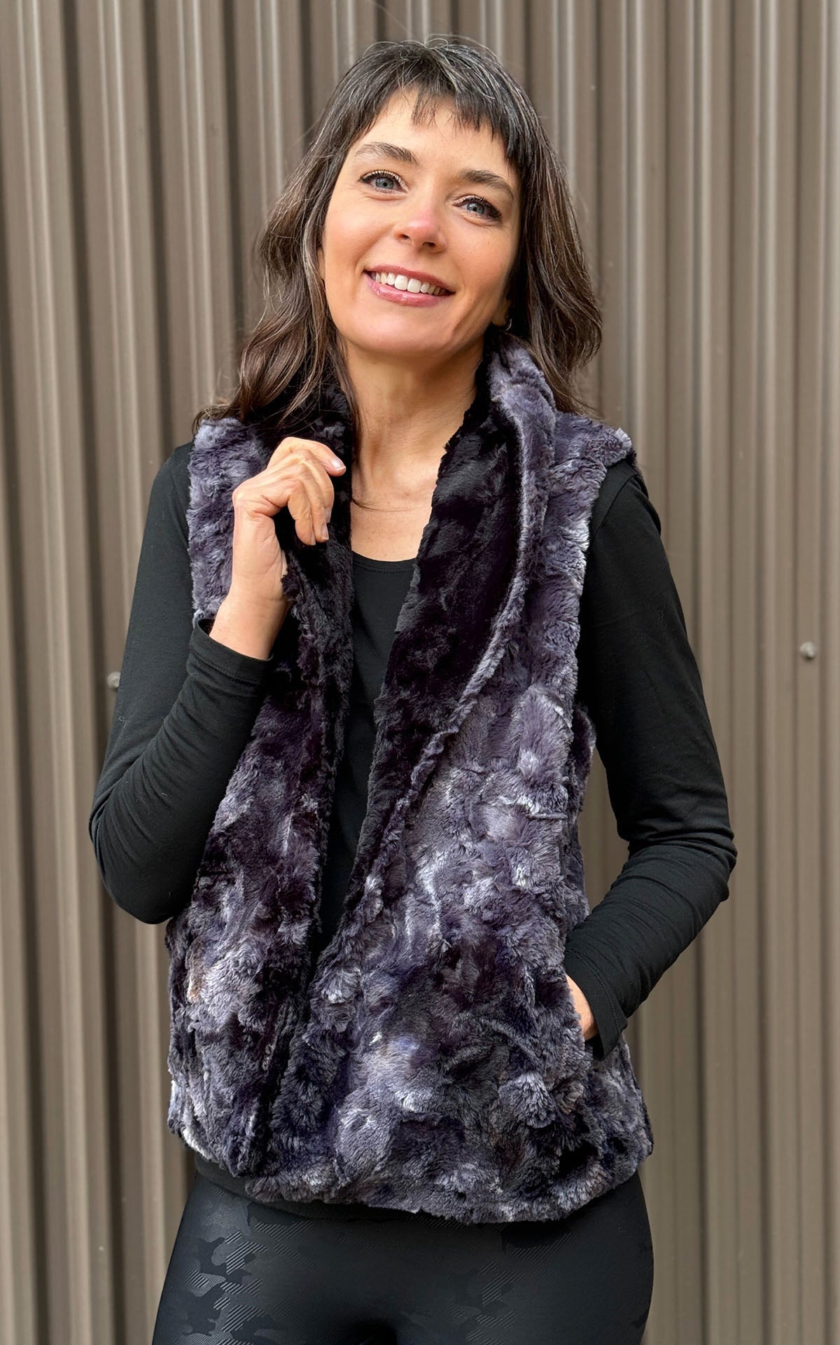 Model wearing Vest in Highland Skye Faux Fur Handmade By Pandemonium Seattle USA