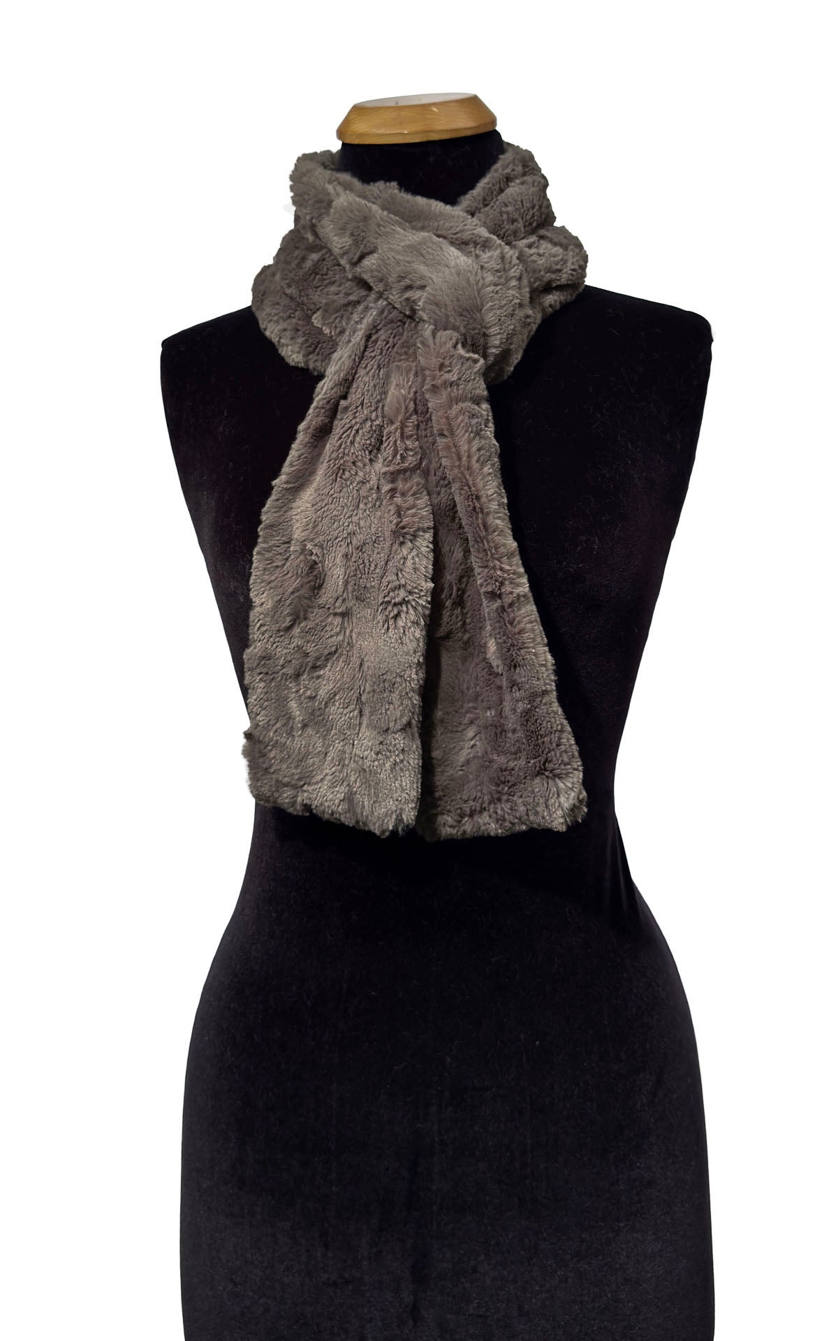 Classic Scarf in Cuddly Taupey Faux Fur in alternate view of scarf tied and draped on the mannequin. Made in Seattle, WA, USA by Pandemonium Seattle.