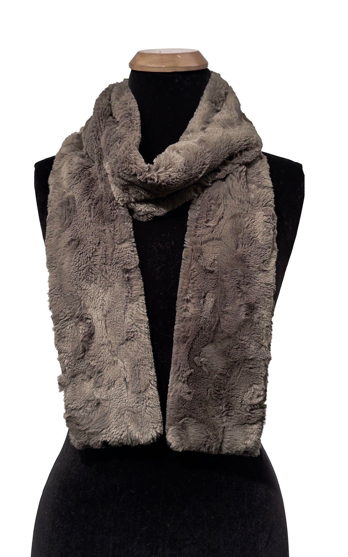 Classic Skinny Scarf in Cuddly Taupey loosely draped around the mannequin shoulders. Made in Seattle, WA, USA by Pandemonium Seattle.