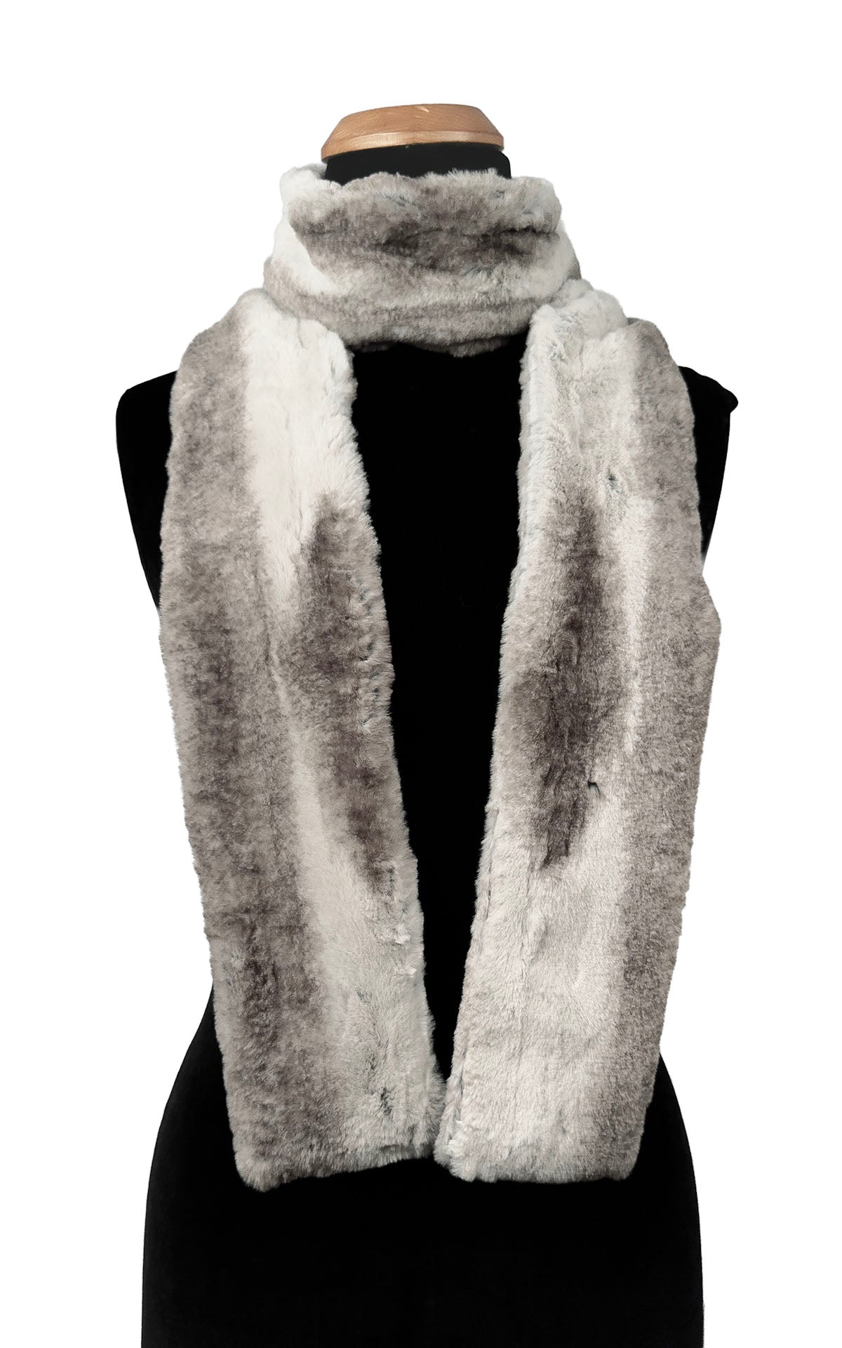 Classic Skinny Scarf in Luxury Driftwood Faux Fur. Shown looped close to neckline. Made in Seattle, WA, USA by Pandemonium Seattle.