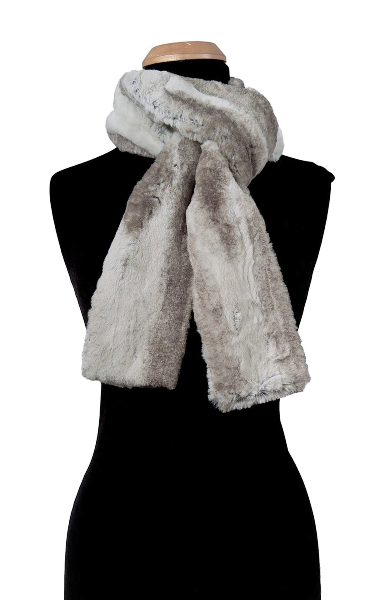 Classic Skinny Scarf in Luxury Driftwood Faux Fur. Shown looped around neckline. Made in Seattle, WA, USA by Pandemonium Seattle.