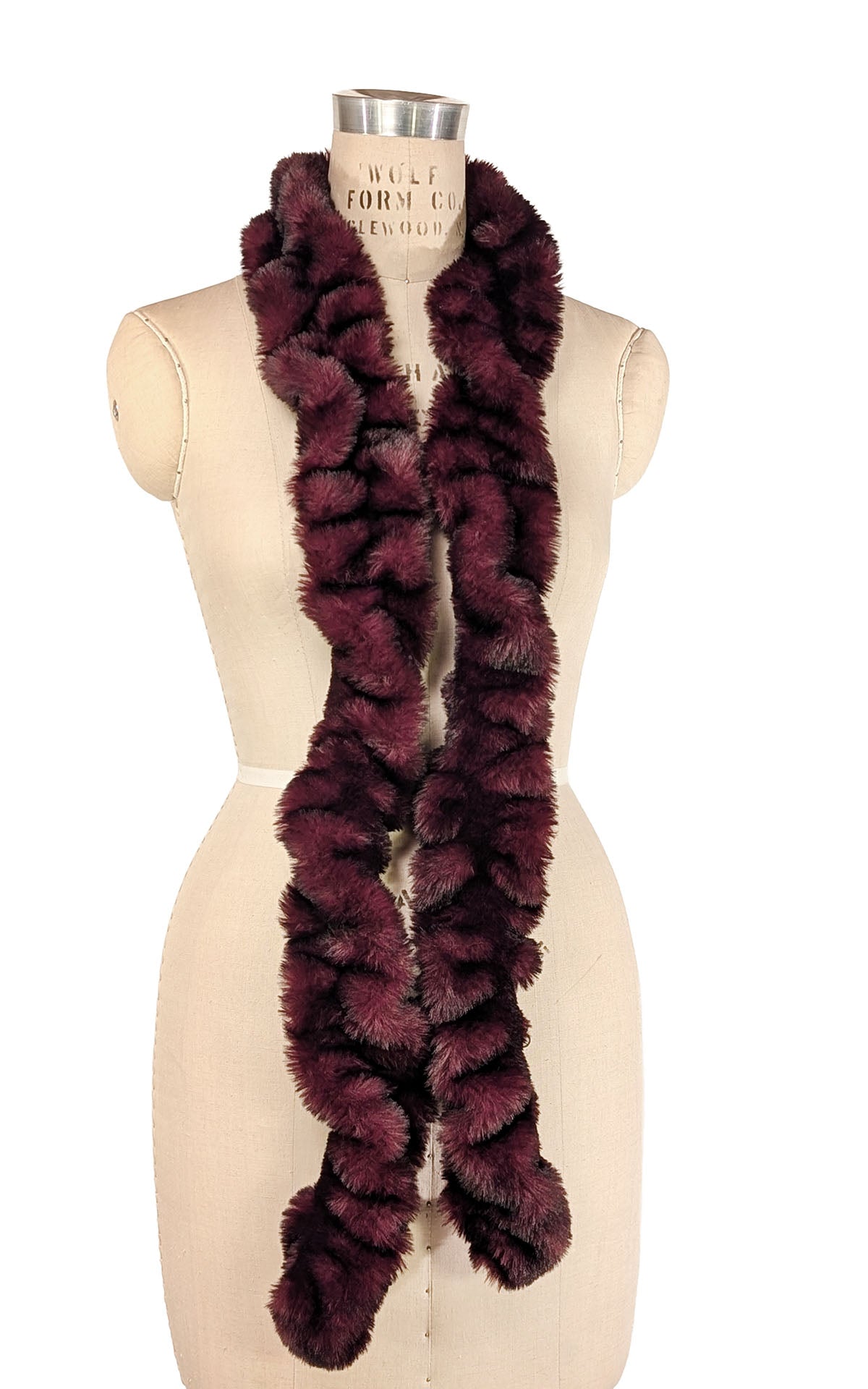 Skinny Scarf in Royal Opulence Cherry draped long on a mannequin.  Handmade in Seattle, WA, USA by Pandemonium Seattle
