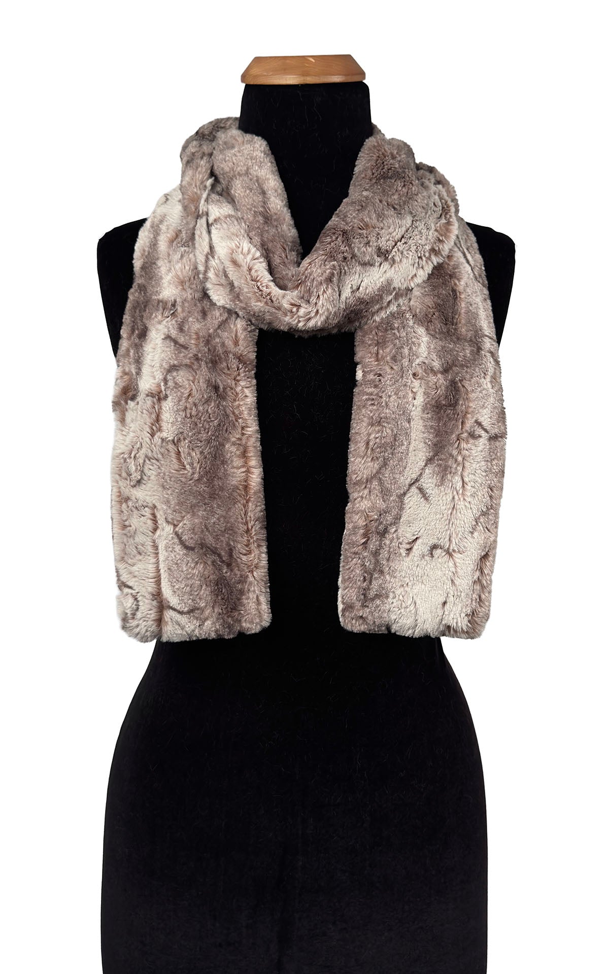 Classic Skinny Scarf in Luxury Rusty Rock Faux Fur. Shown looped loosely. Made in Seattle, WA, USA by Pandemonium Seattle.