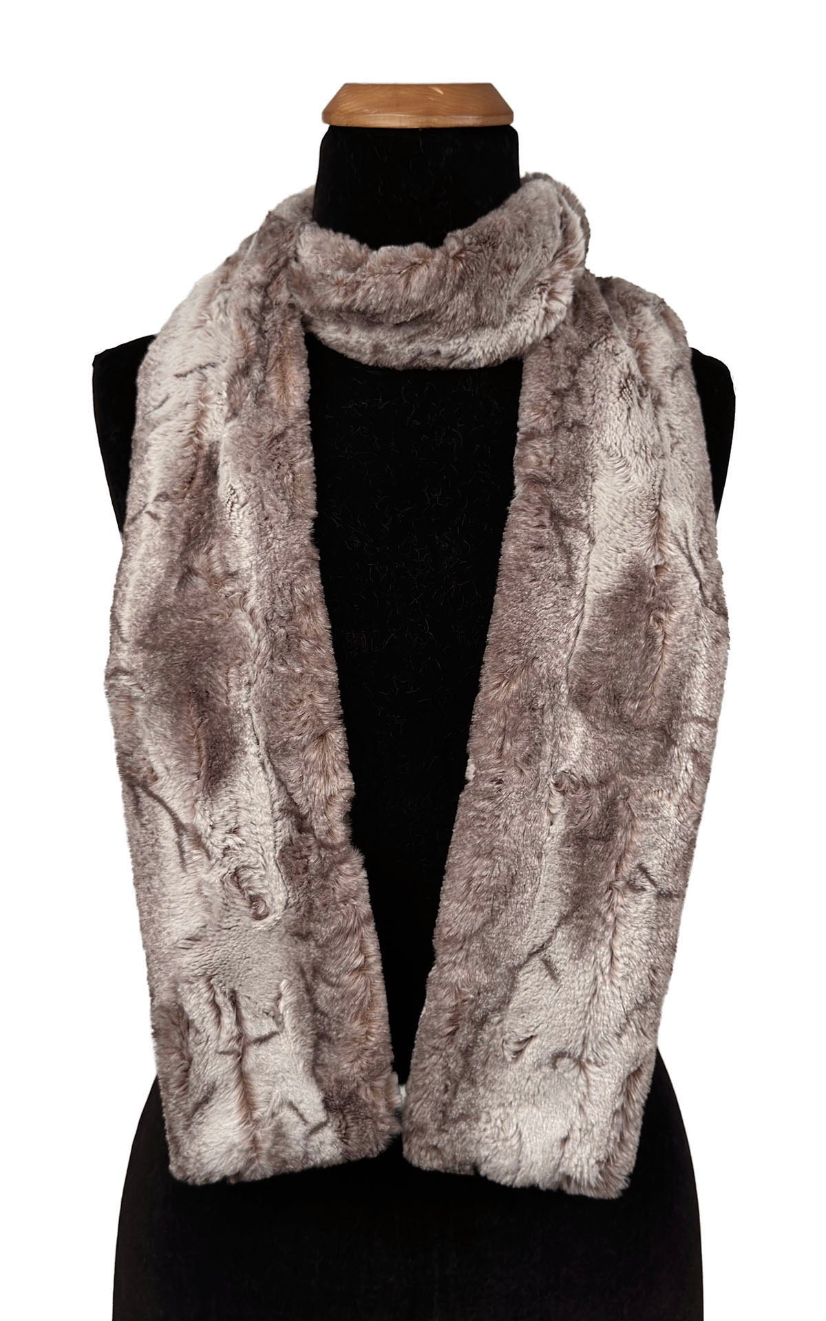 Classic Skinny Scarf in Luxury Rusty Rock Faux Fur. Shown looped close to the neckline. Made in Seattle, WA, USA by Pandemonium Seattle.