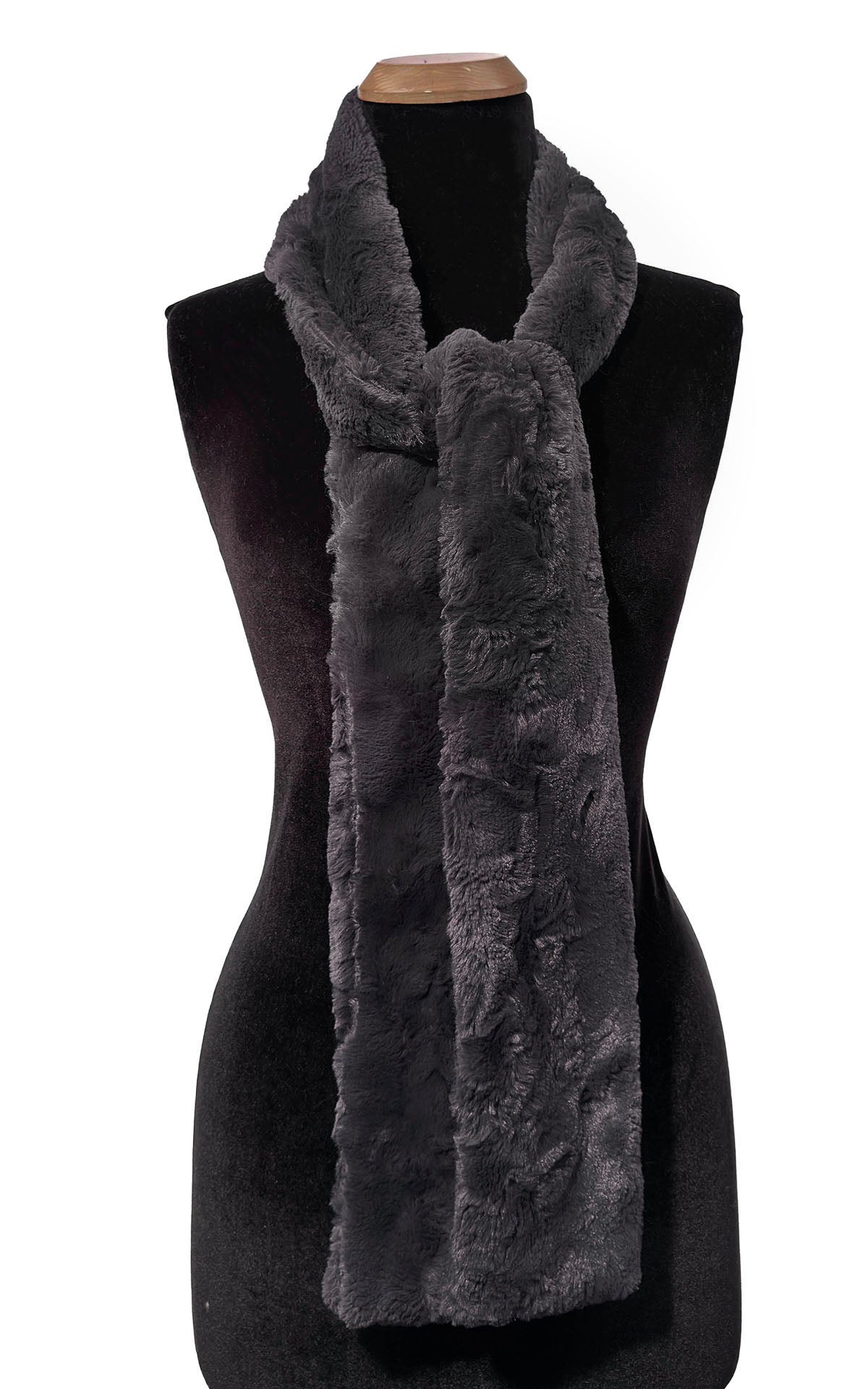 Classic Skinny Scarf wrapped loosely around the neck of the mannequin. Made in Seattle, WA, USA by Pandemonium Seattle.