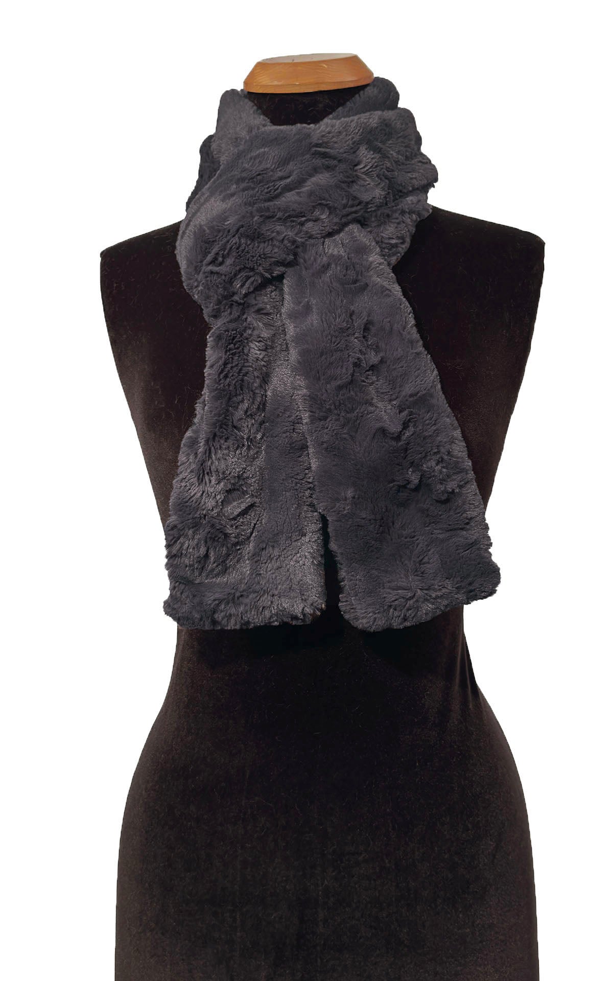 Classic Skinny Scarf tied loosely around the neck of the mannequin. Made in Seattle, WA, USA by Pandemonium Seattle.
