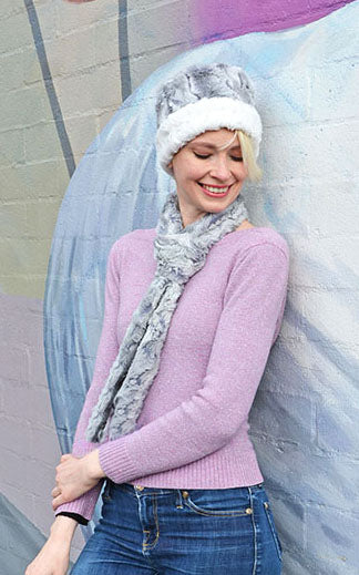 Women wearing cuffed Pillbox style hat with matching Skinny Classic Scarf | Winter river Faux Fur in Ice blue and ivory | Handmade by Pandemonium Millinery Seattle, WA USA