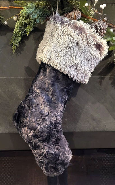 Holiday Stocking - Pearl Fox Faux Fur Cuff with Highland Sky - Handmade in Seattle, WA by Pandemonium Millinery
