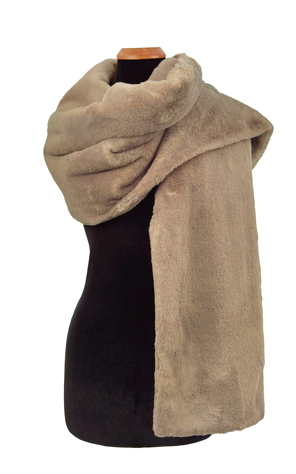 Stole in Golden Bluff Faux Fur styled like a scarf over a mannequin. Handmade by Pandemonium Seattle, USA
