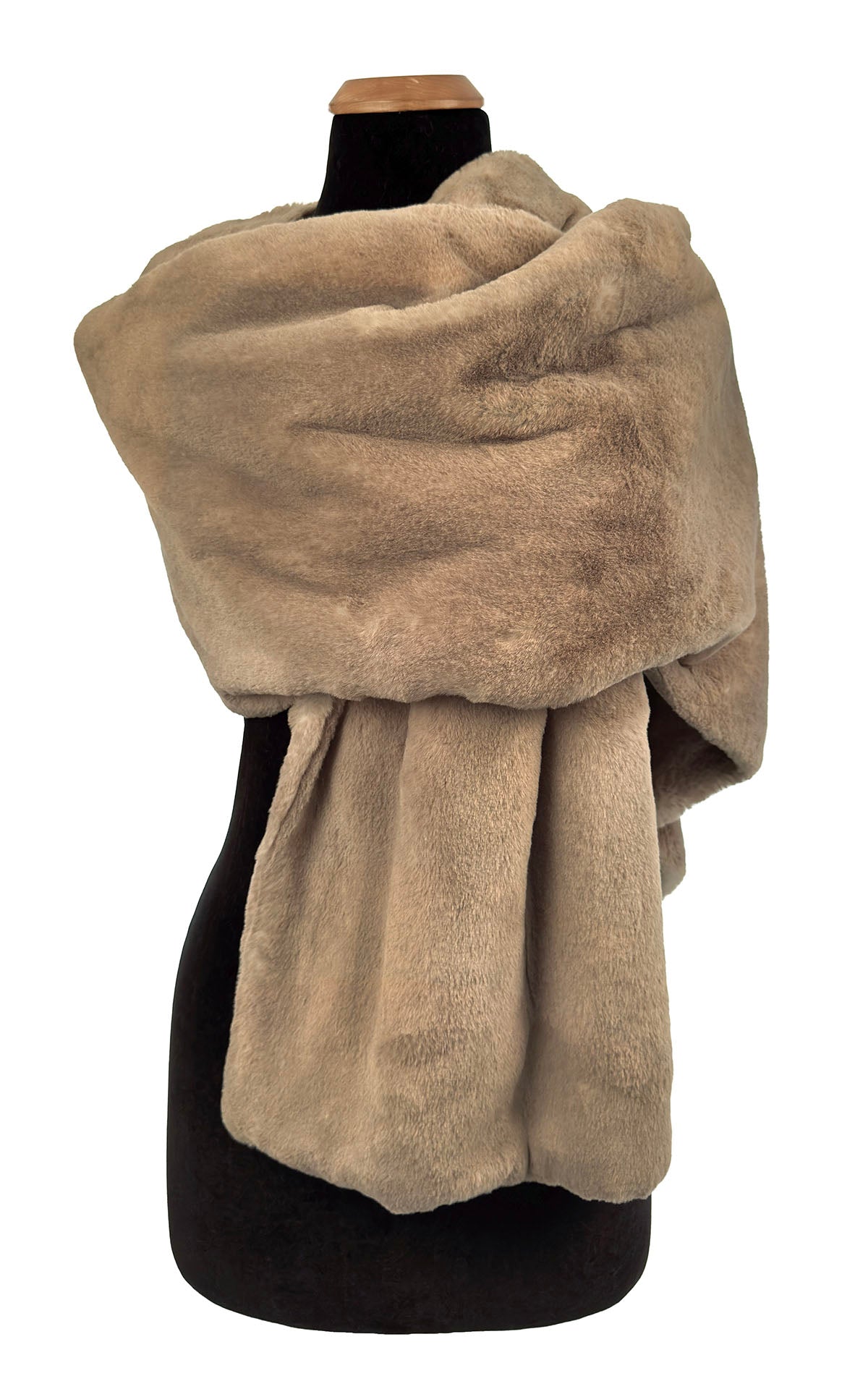 Stole shown in Golden Bluff Faux Fur draped over the left side of the mannequin. Handmade by Pandemonium Seattle, USA.