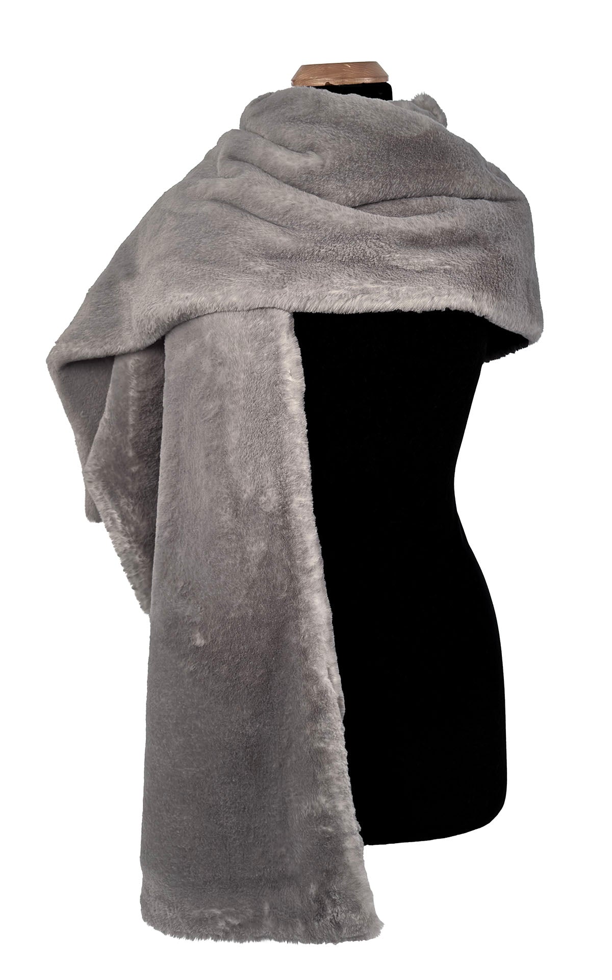 Stole shown in Olympic Fog Faux Fur draped over the right side of the  mannequin. Handmade by Pandemonium Seattle, USA