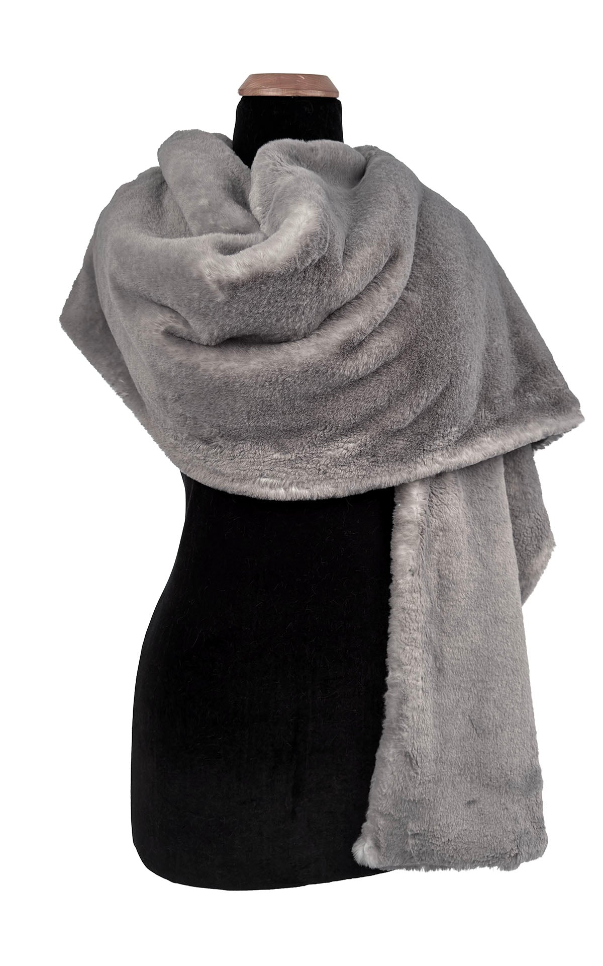 Stole shown in Olympic Fog Faux Fur draped over the right side of the  mannequin. Handmade by Pandemonium Seattle, USA