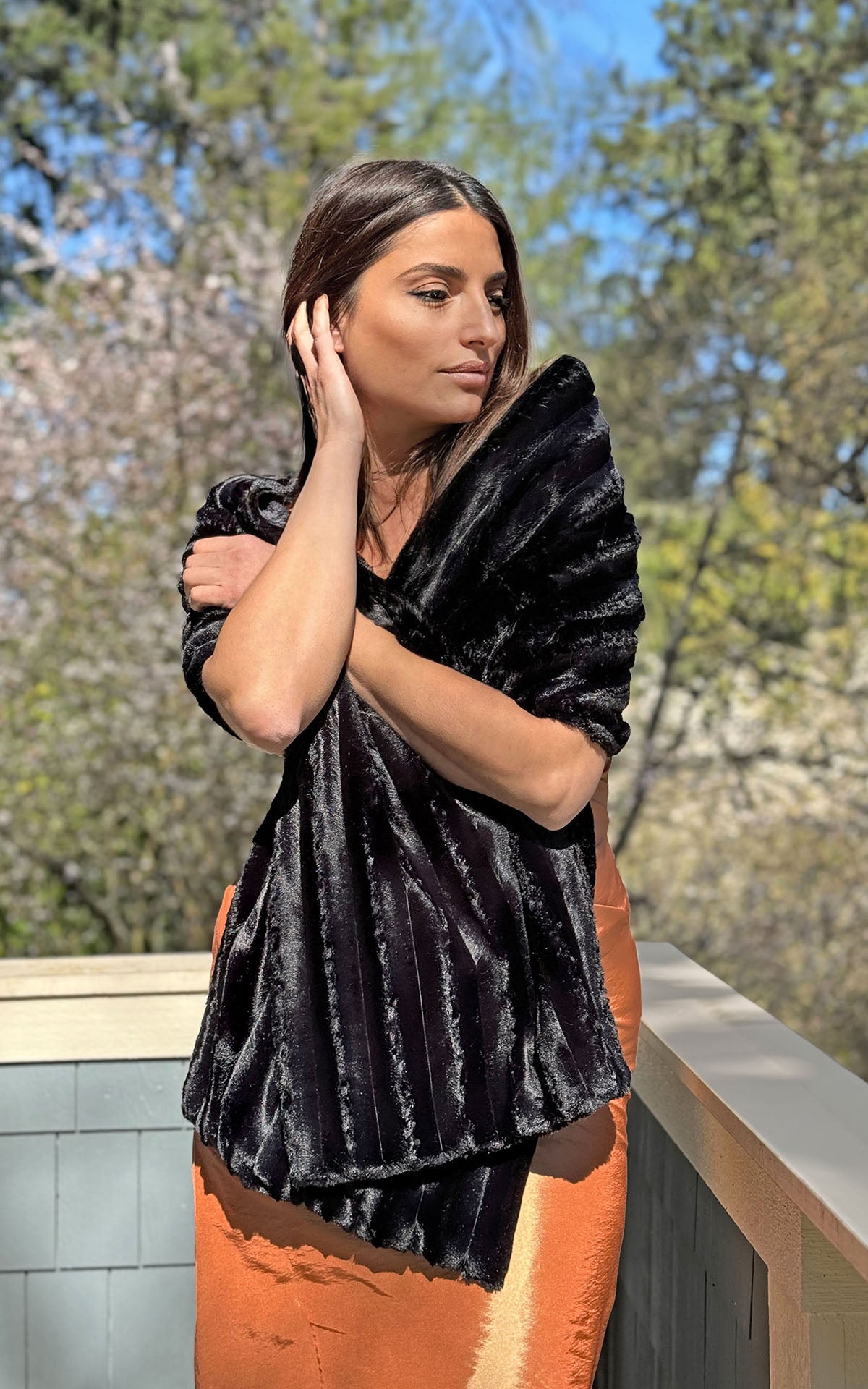 Model wearing Stole | Mink Black Faux Fur | Handmade Seattle WA USA by Pandemonium Millinery