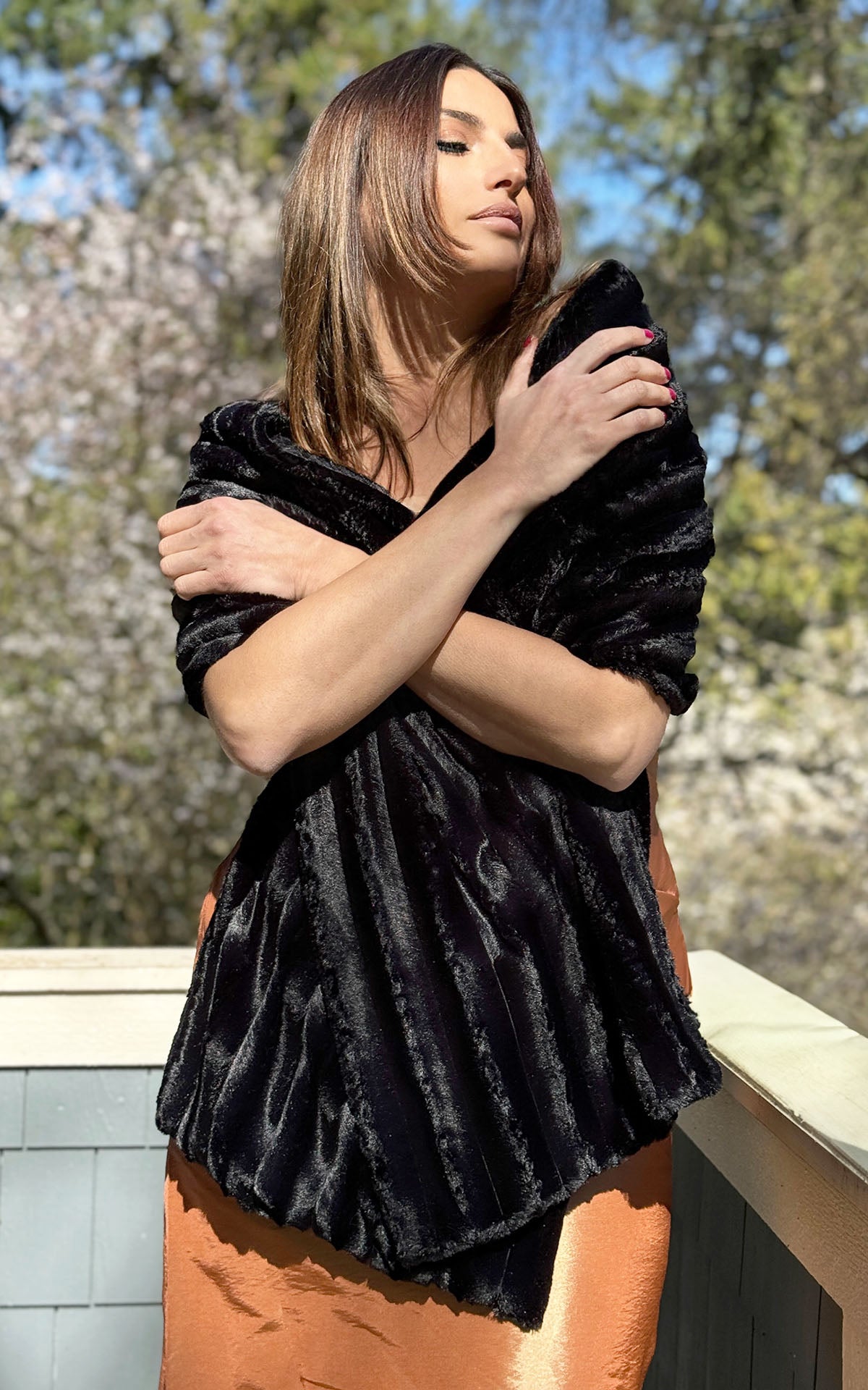 Model wearing Stole over dress | Mink Black Faux Fur | Handmade Seattle WA USA by Pandemonium Millinery