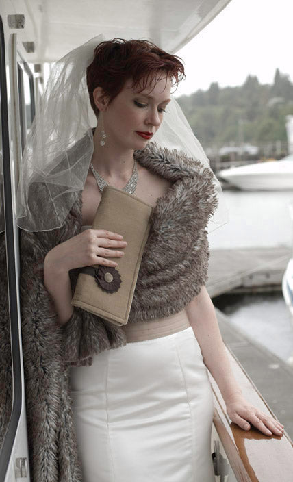 Envelope Clutch with Grosgrain Detail - Persia in Tweed Black & White Faux Fur with Black Grosgrain Medallion and button Handbag Pandemonium Millinery