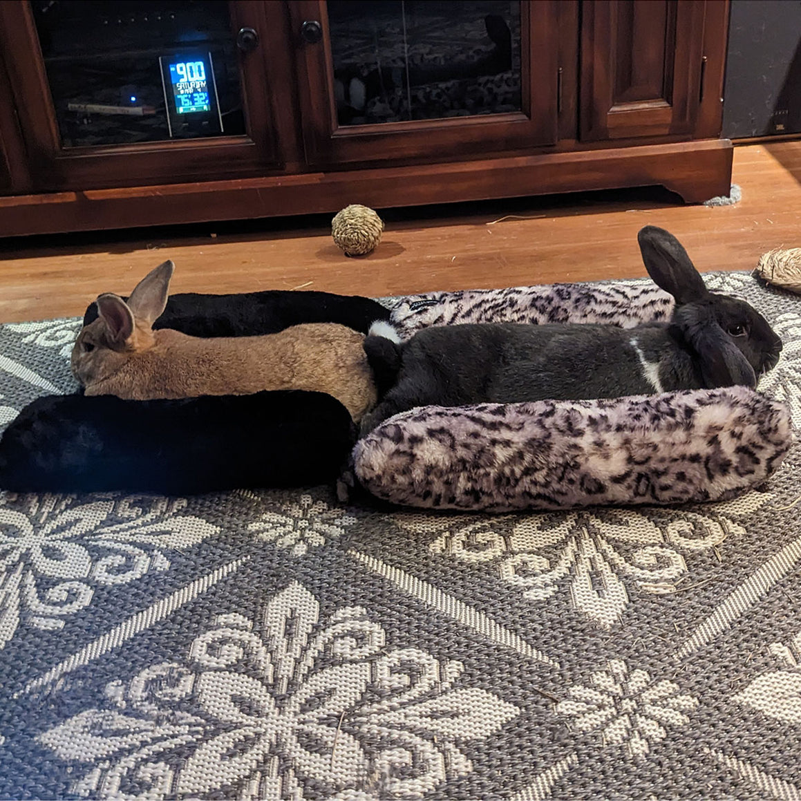Bunny rabbits sitting in Pet Bed, in Black and Snow Leopard Royal Opulence Faux Fur. Handmade in Seattle, WA by Pandemonium Millinery.