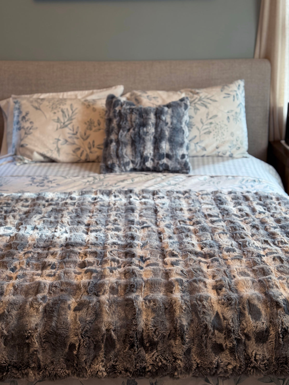 Bed with Throw in Cloudwalk Blue Mist and matching Pillow Sham in Cloudwalk Blue Mist. Made in Seattle, WA, USA by Pandemonium Millinery.