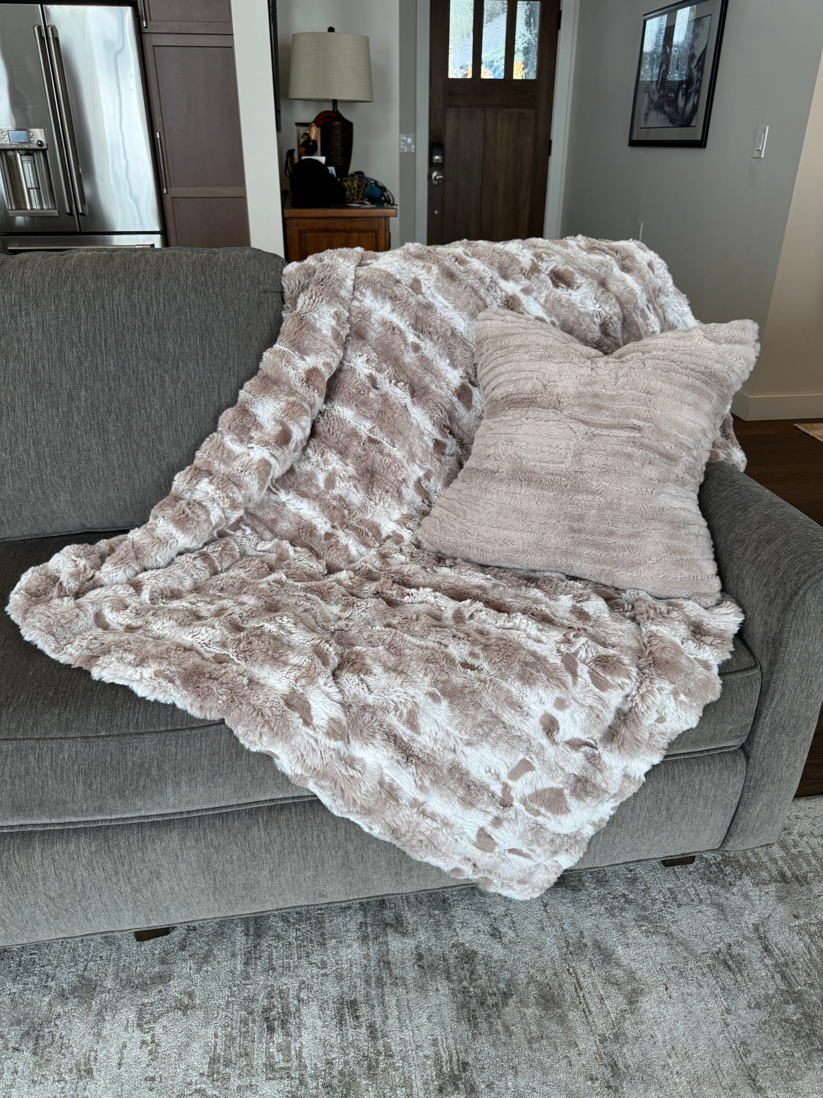 Sofa with Cloudwalk in Honey Throw with Pillow Sham in Cirrus Honey. Made in Seattle, WA, USA by Pandemonium Millinery.