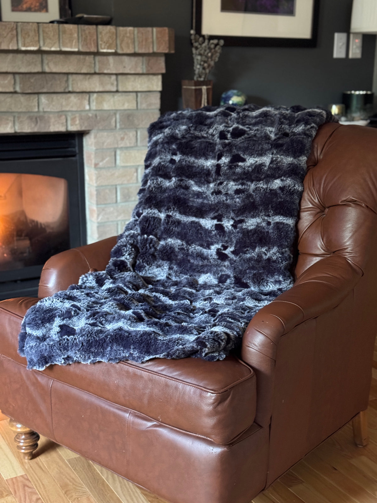 Cloudwalk in Shadow Throw over the back of a leather chair by the fireplace. Made in Seattle, WA, USA by Pandemonium Millinery.