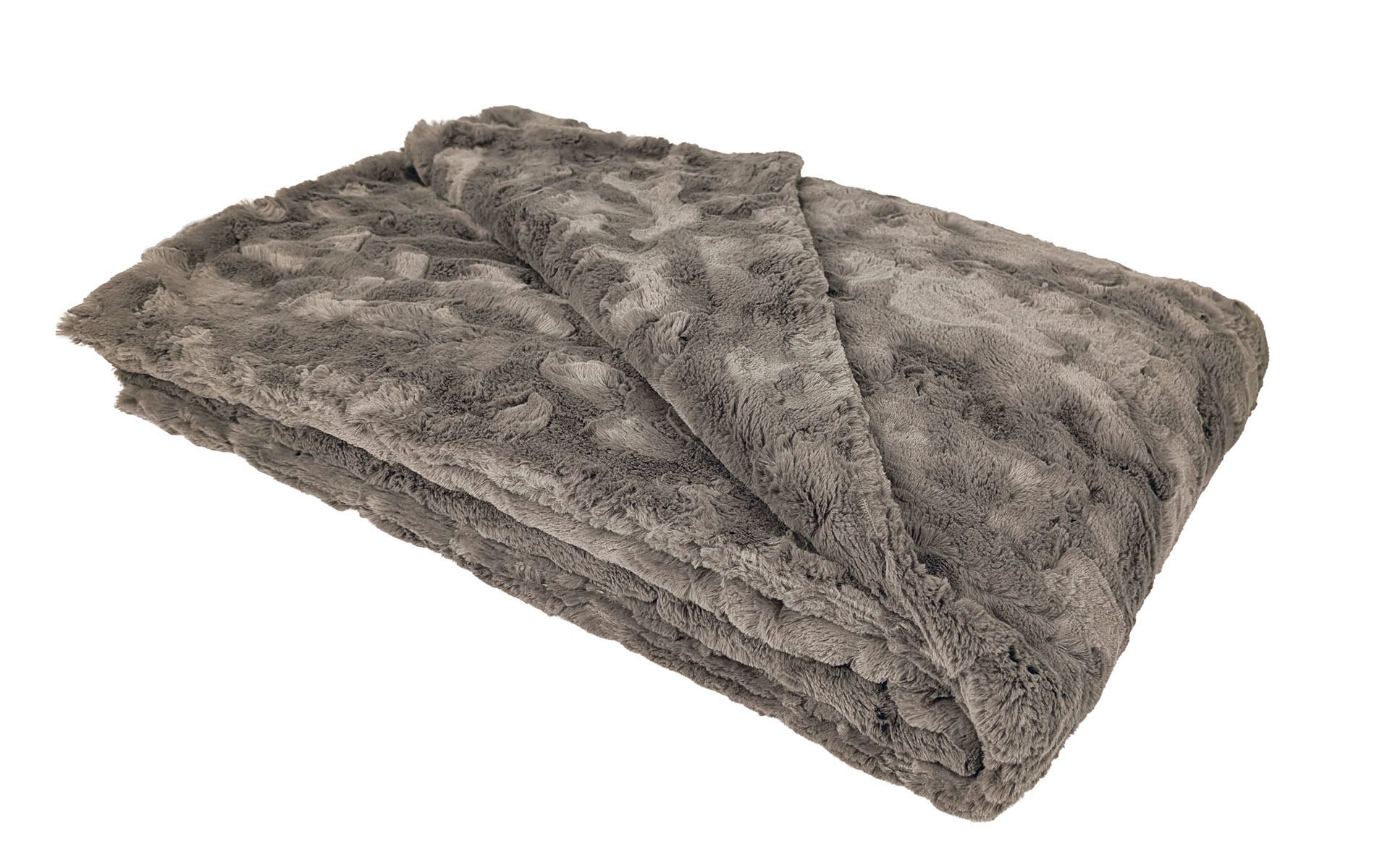 Luxury Faux Fur Throw Blanket in Cuddly Taupey Faux Fur. Made in Seattle, WA, USA by Pandemonium Seattle.