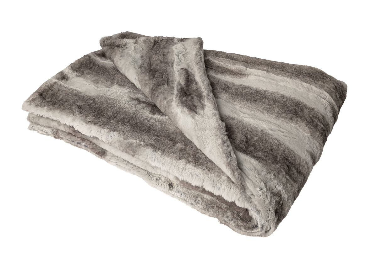 Luxury Faux Fur Throw Blanket in plush Driftwood Faux Fur. Made in Seattle, WA, USA by Pandemonium Seattle.
