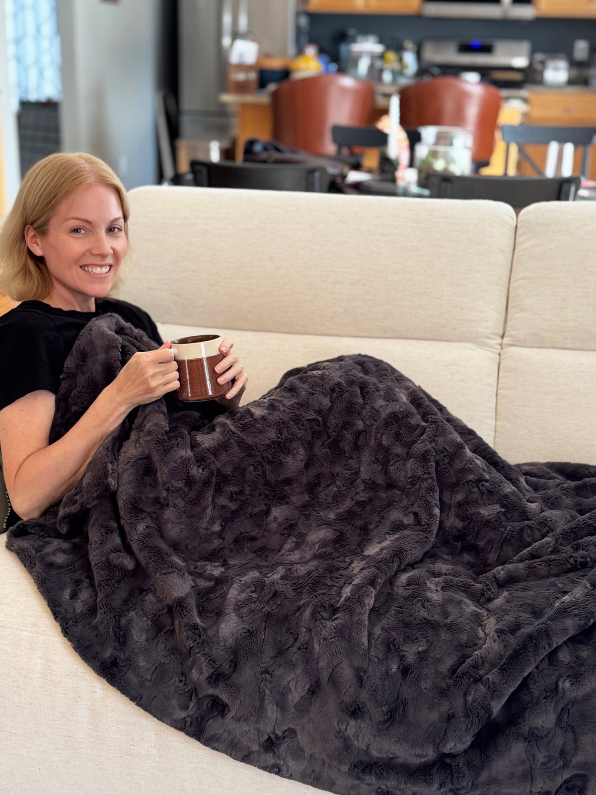 Luxury Faux Fur Throw Blanket in Cuddly Smoky Faux Fur. Made in Seattle, WA, USA by Pandemonium Seattle.