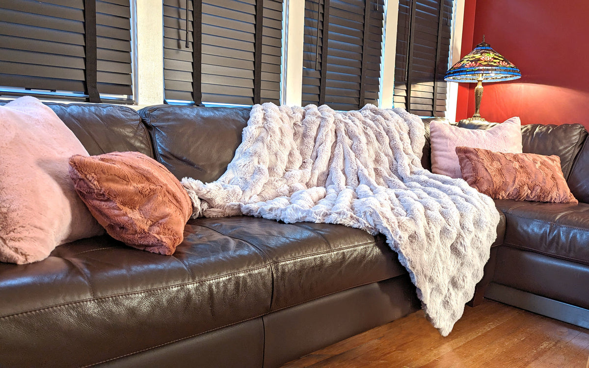 Pillows and Blanket on Couch| Frosted Cedar Faux Fur | Handmade in the USA by Pandemonium Millinery
