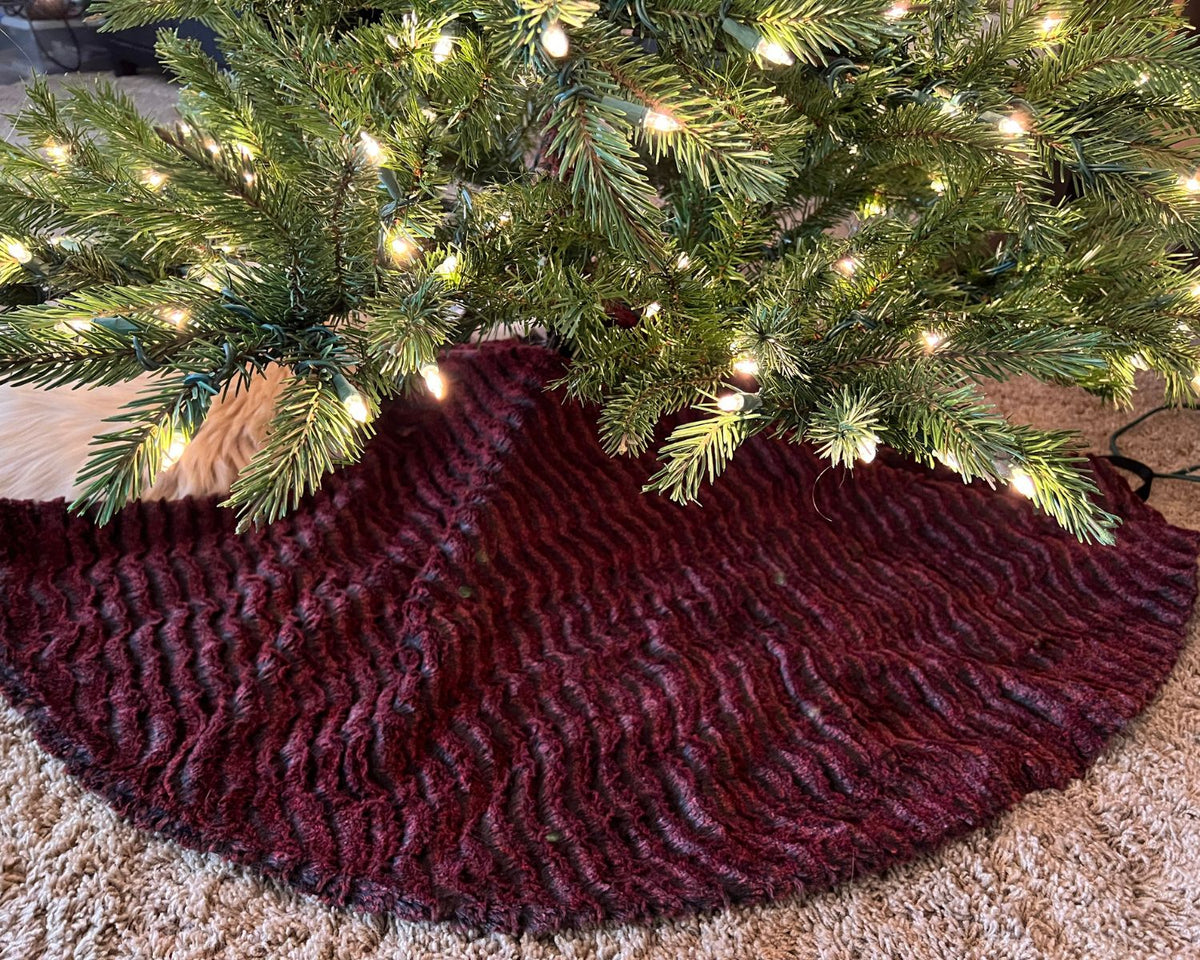 Tree Skirt under Christmas Tree | Desert Sand in Crimson , Red Faux Fur Luxury Faux Fur Designer | Handmade by Pandemonium Millinery Seattle, WA usa