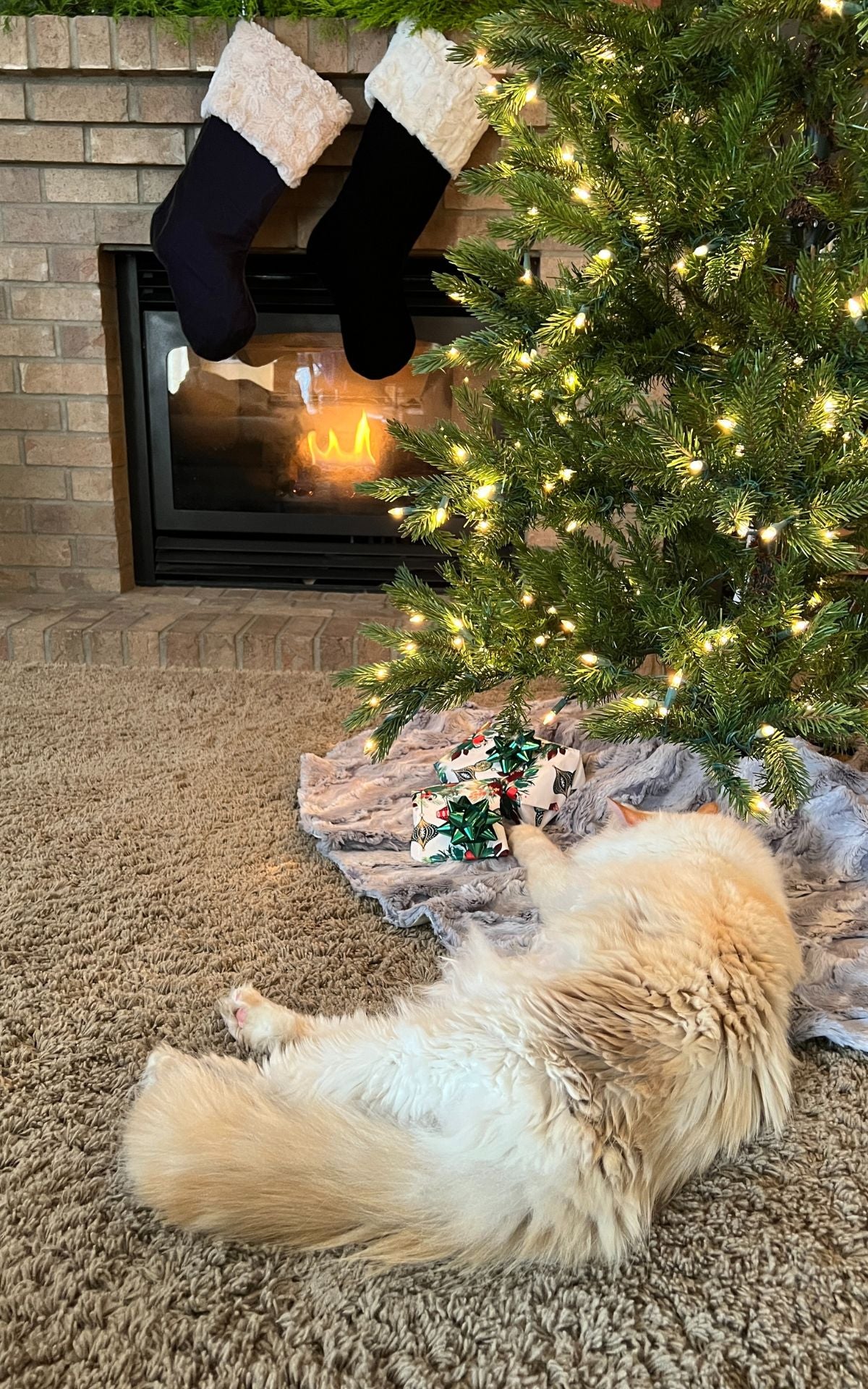 Cat laying in front of Christmas tree on tree skirt by fireplace with stockings hung with care  | Luxury Faux Fur Designer | Handmade by Pandemonium Millinery Seattle, WA usa