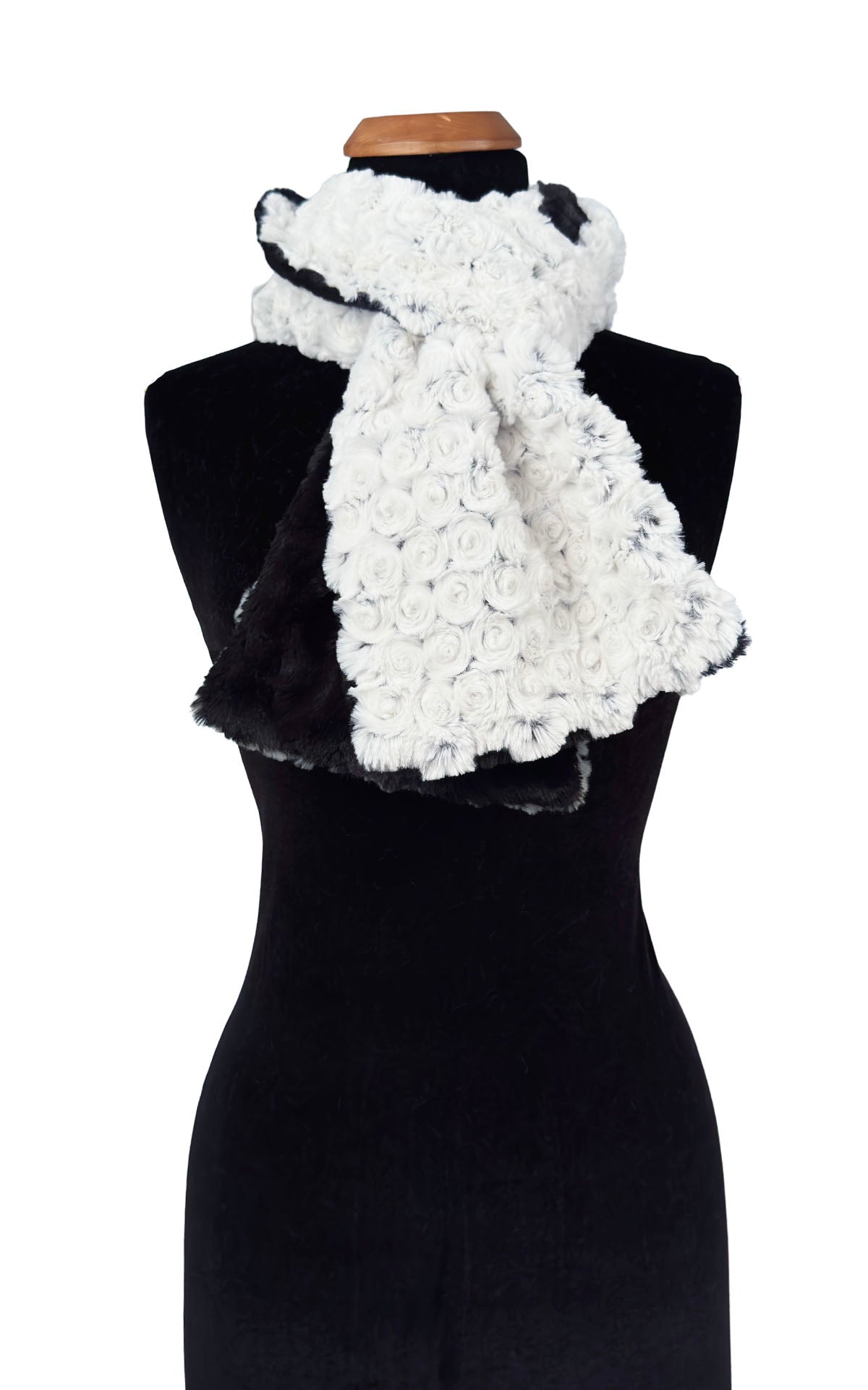 Classic Two-tone Rosebud Black faux fur scarf shown looped on a mannequin. Handmade by Pandemonium Seattle, USA