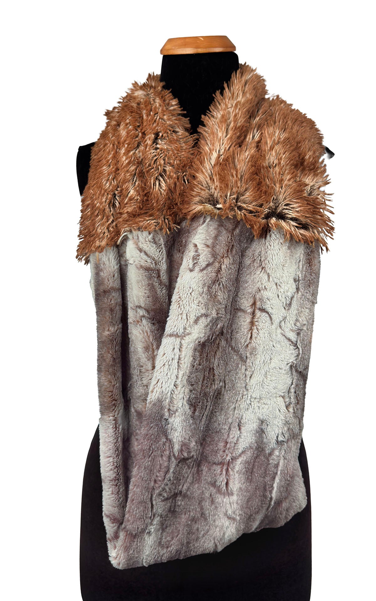 Two-Tone Infinity Scarf in Classic Luxury Rusty Rock and Red Fox Faux Furs. Shown draped loosely with Rusty Rock prominently displayed. Made in Seattle, WA, USA by Pandemonium Seattle.