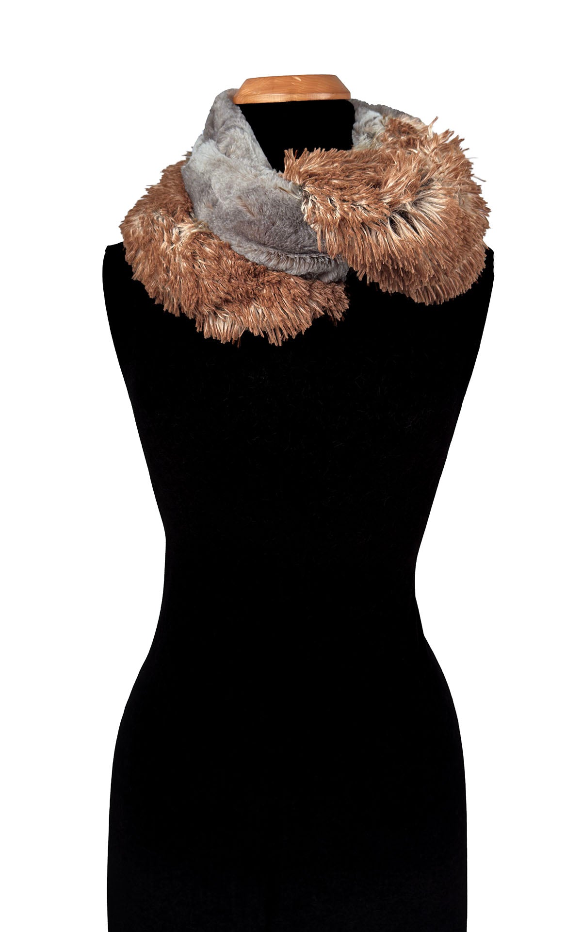 Two-Tone Infinity Scarf in Classic Luxury Rusty Rock and Red Fox Faux Furs. Shown looped twice to display both faux furs. Made in Seattle, WA, USA by Pandemonium Seattle.