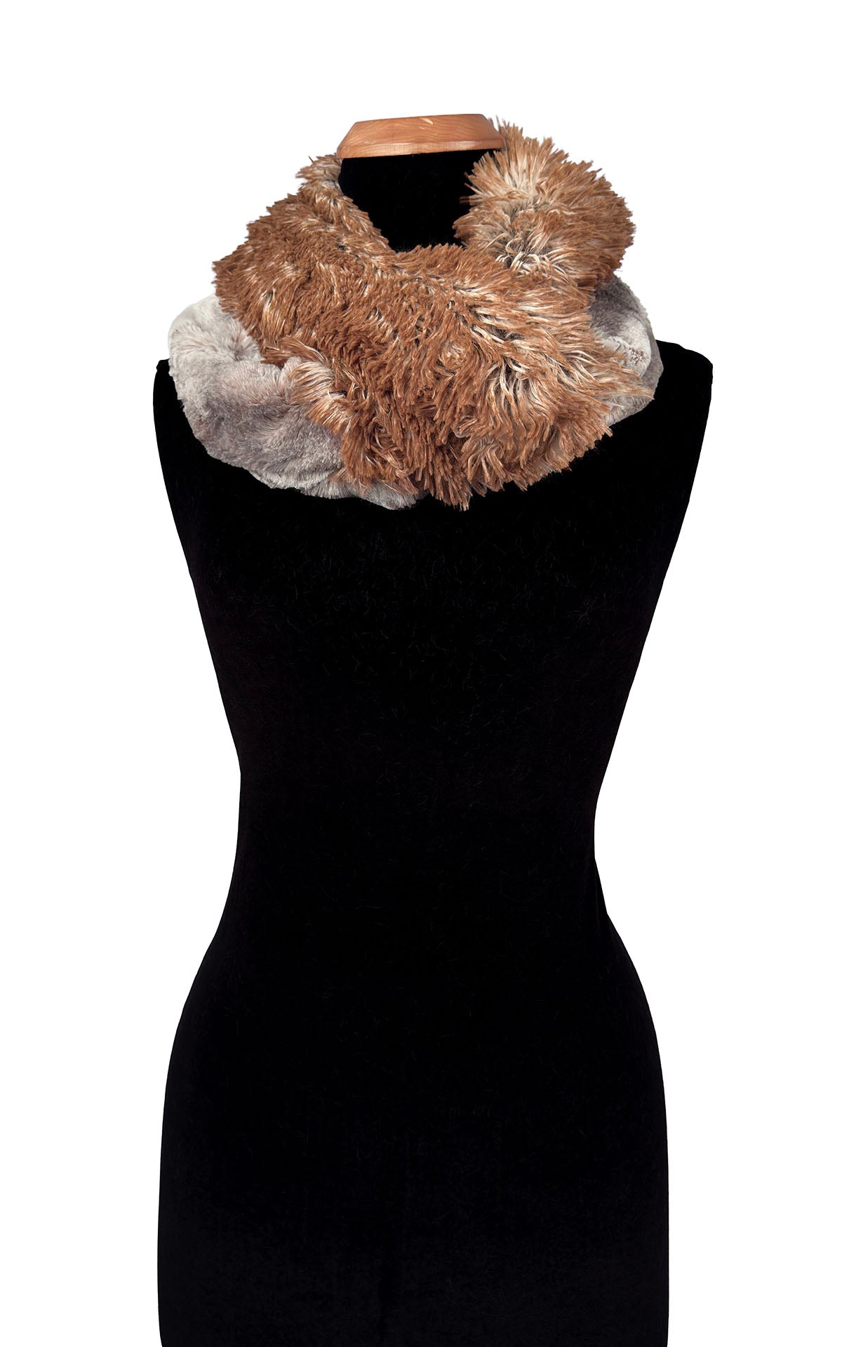 Two-Tone Infinity Scarf in Classic Luxury Rusty Rock and Red Fox Faux Furs. Shown looped twice. Made in Seattle, WA, USA by Pandemonium Seattle.