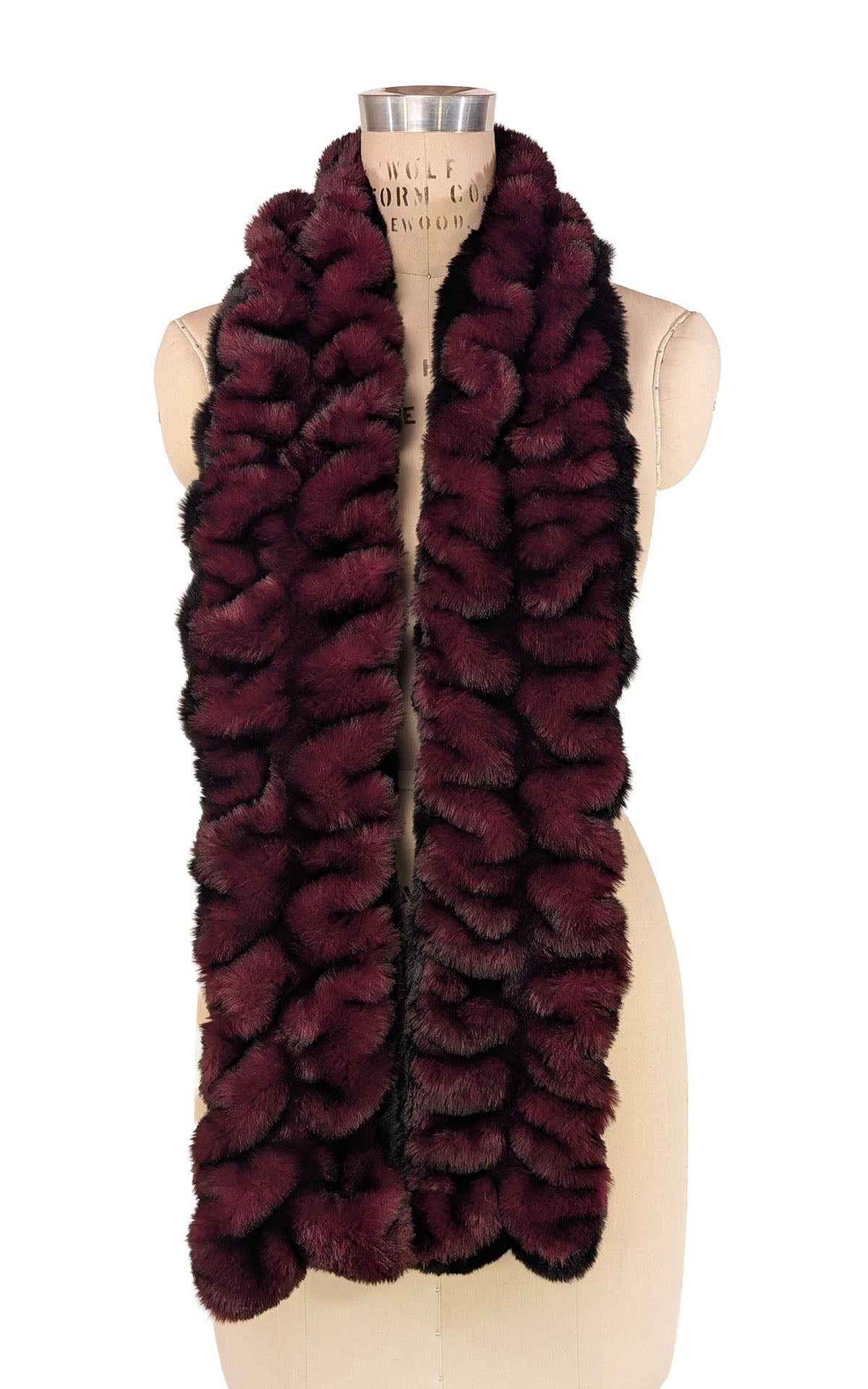 Two-Tone Scarf in Royal Opulence Cherry Bomb Faux Fur featured on a mannequin. Draped evenly in Front. Handmade in Seattle WA, USA by Pandemonium Seattle. 