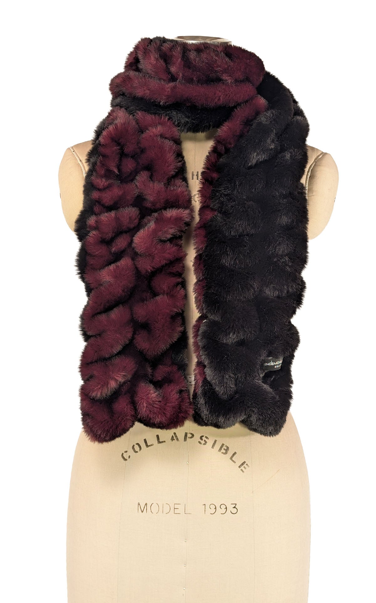 Two-Tone Scarf in Royal Opulence Cherry Bomb Faux Fur featured on a mannequin. Looped once on the neck line. Handmade in Seattle WA, USA by Pandemonium Seattle. 