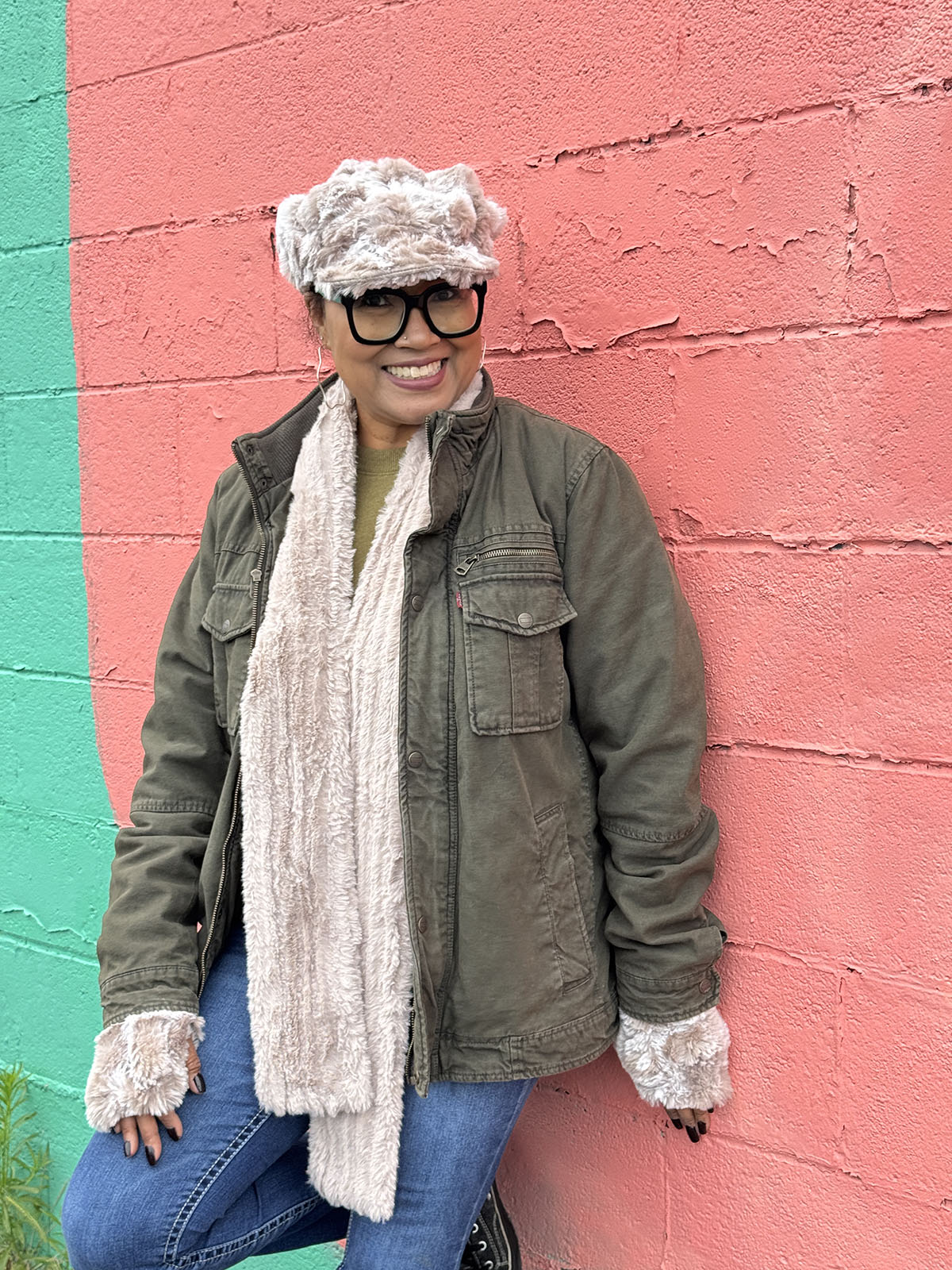 Woman wearing the Classic Scarf in Cirrus Honey, shown loosley worn around her neck. Hand sewn in Seattle, Washington by Pandemonium Seattle.