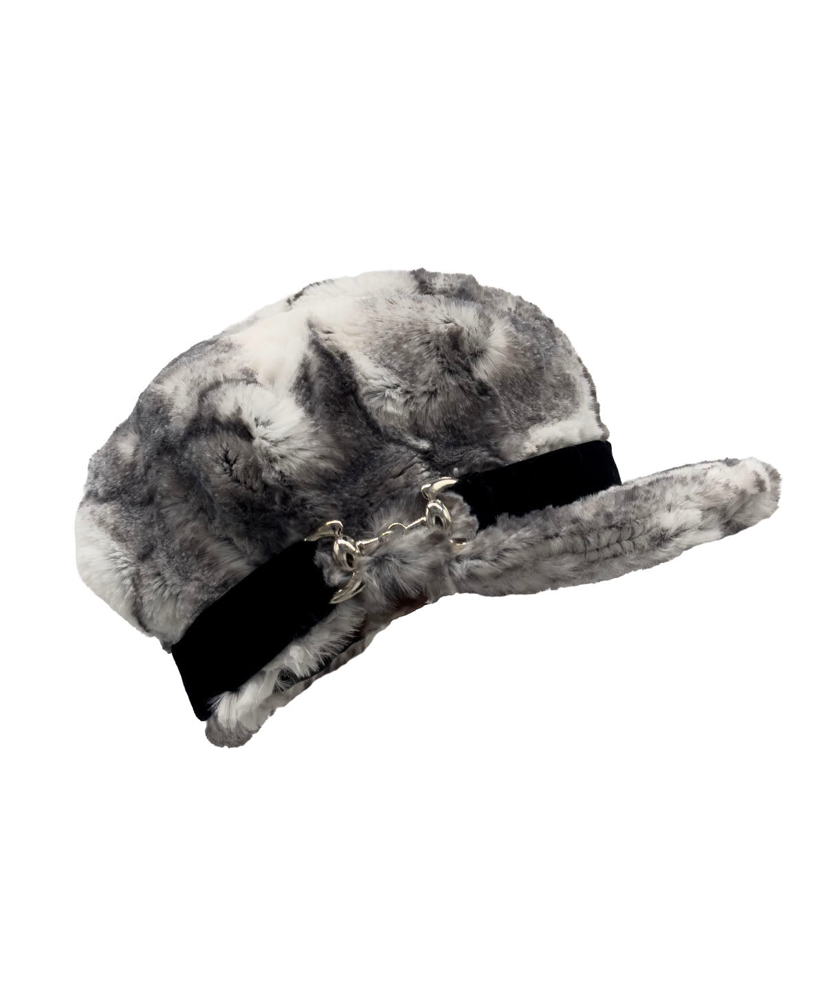Valerie Cap in luxury Smoke Show Faux Fur with Black Velvet Band with buckle. Made in Seattle, WA, USA by Pandemonium Seattle.