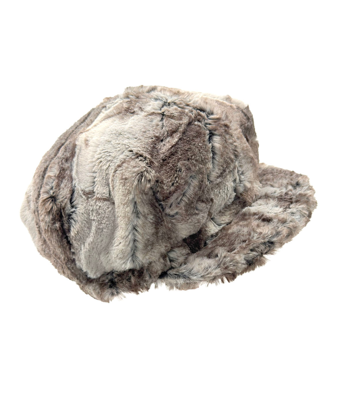 Valerie Cap in Classic Luxury Rusty Rock Faux Fur, shown plain with no band and view of brim. Made in Seattle, WA, USA by Pandemonium Seattle.