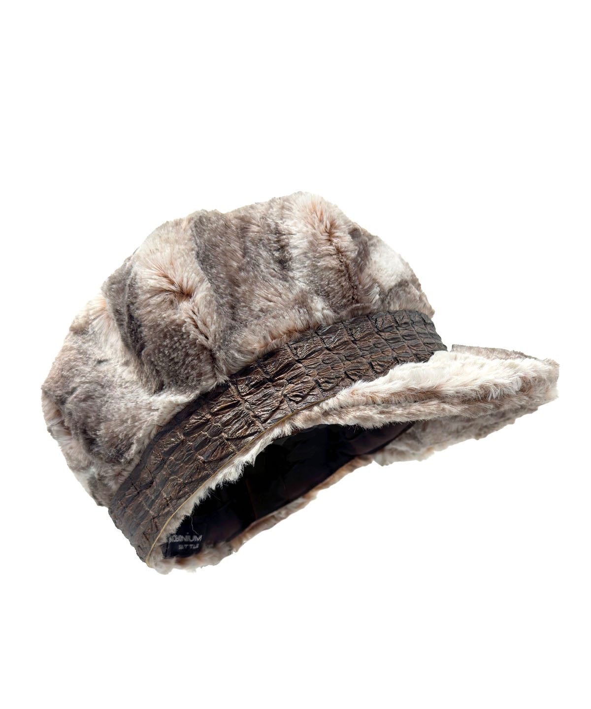 Side view of Valerie Cap in Classic Luxury Rusty Rock Faux Fur, featuring a Brown Faux Crocodile Band. Made in Seattle, WA, USA by Pandemonium Seattle.
