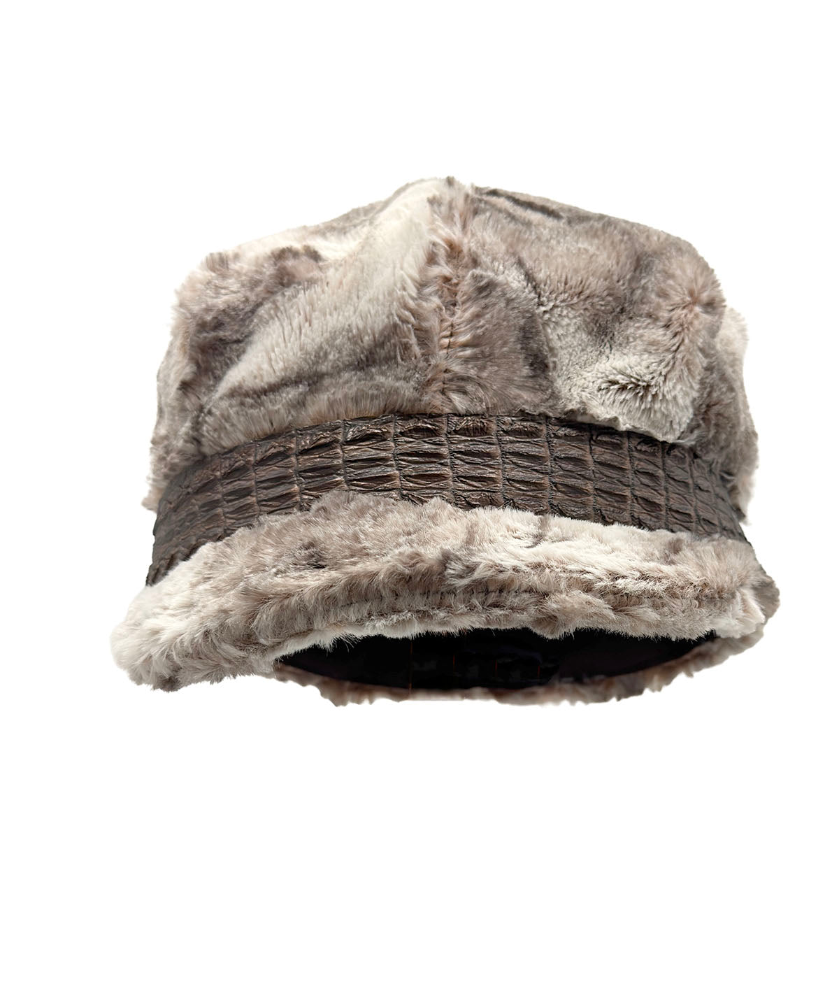 Valerie Cap Style Hat  in Classic Luxury Rusty Rock Faux Fur, shown with a Faux Brown Crocodile Band and front view of brim. Made in Seattle, WA, USA by Pandemonium Seattle.